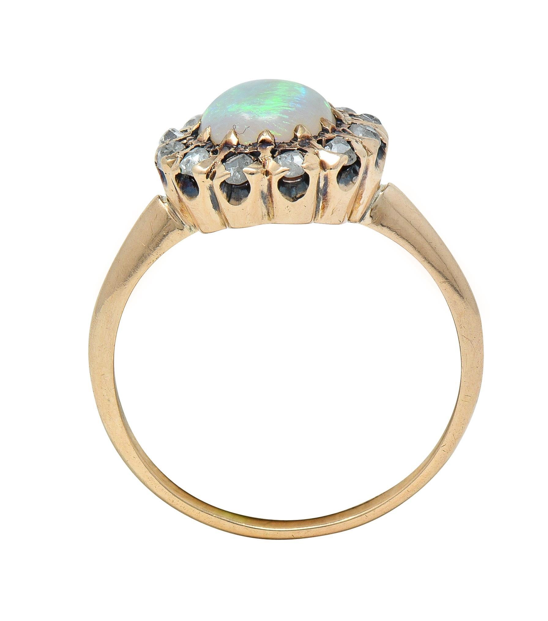 Victorian Opal Cabochon Diamond 14 Karat Yellow Gold Antique Halo Ring For Sale 4