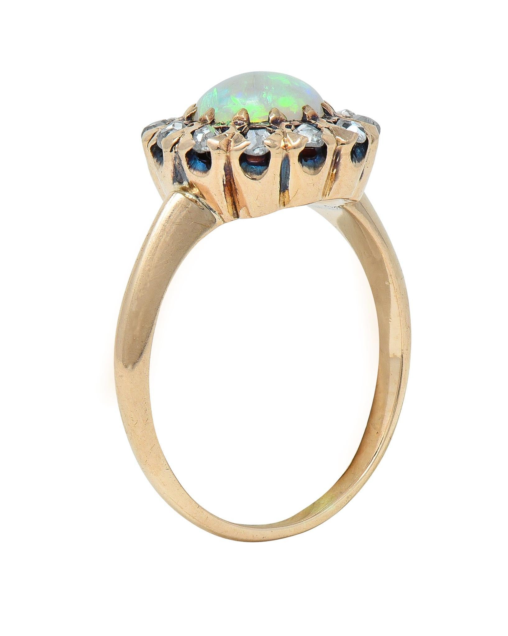 Victorian Opal Cabochon Diamond 14 Karat Yellow Gold Antique Halo Ring For Sale 5