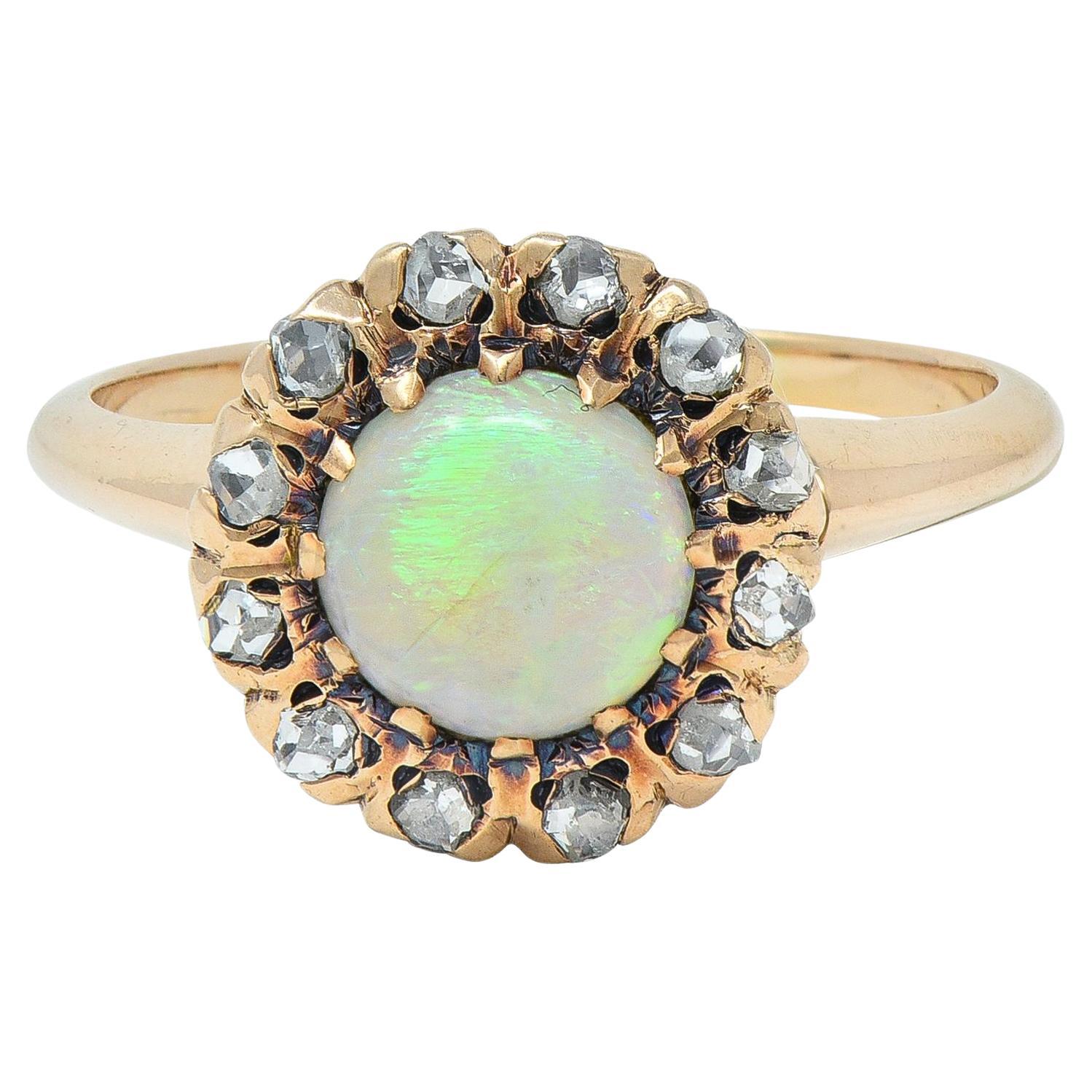 Victorian Opal Cabochon Diamond 14 Karat Yellow Gold Antique Halo Ring For Sale
