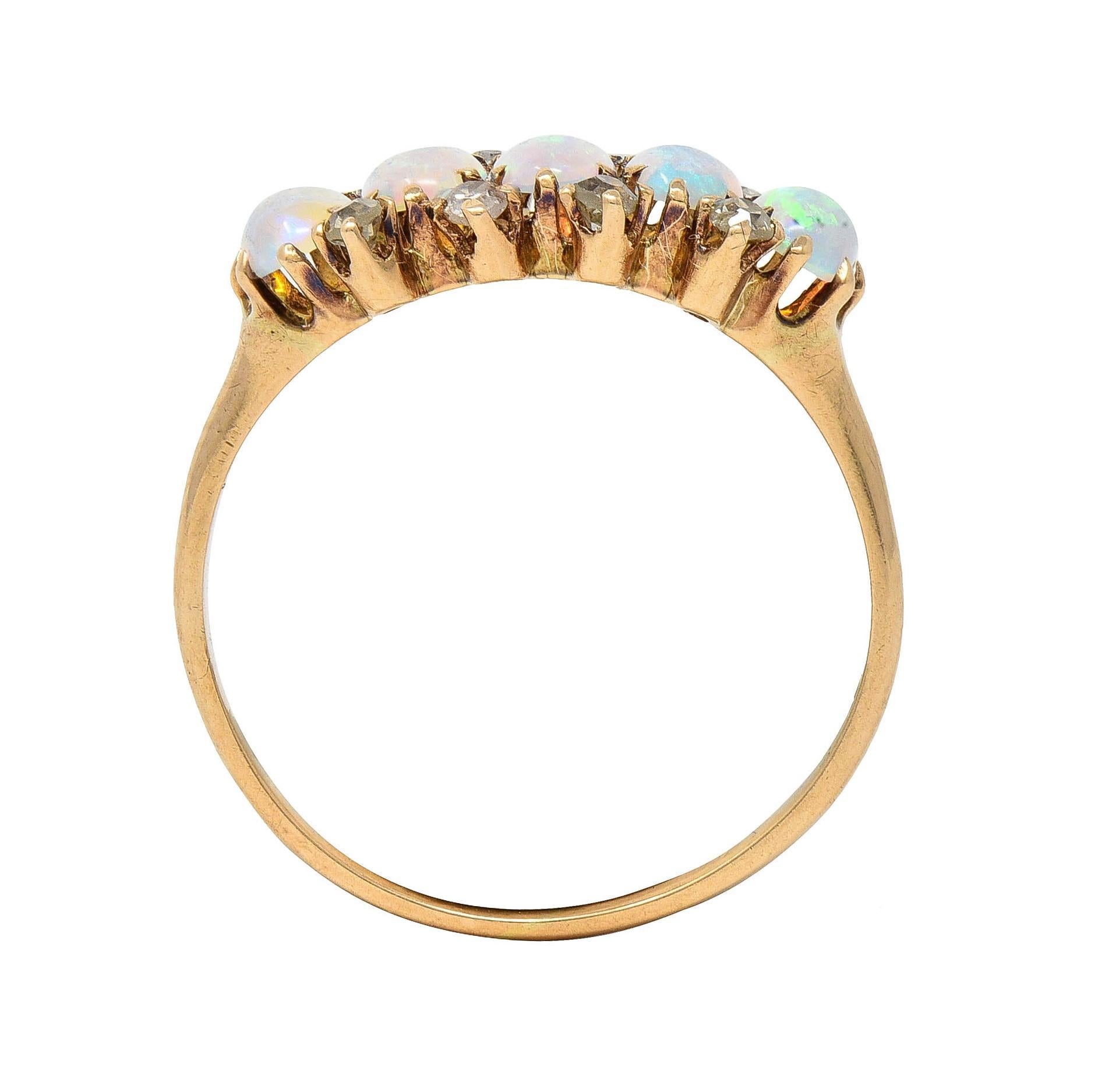 Victorian Opal Cabochon Diamond 14 Karat Yellow Gold Five Stone Antique Ring 6