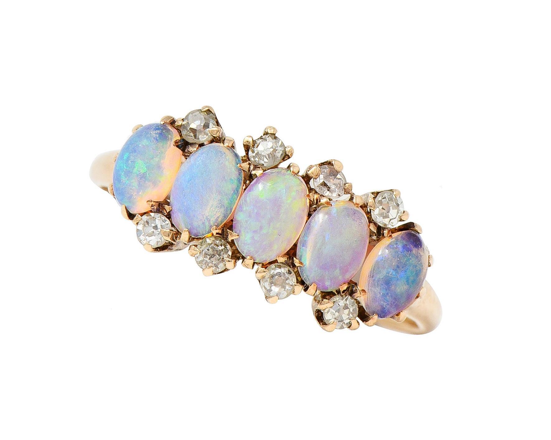 Victorian Opal Cabochon Diamond 14 Karat Yellow Gold Five Stone Antique Ring For Sale 7