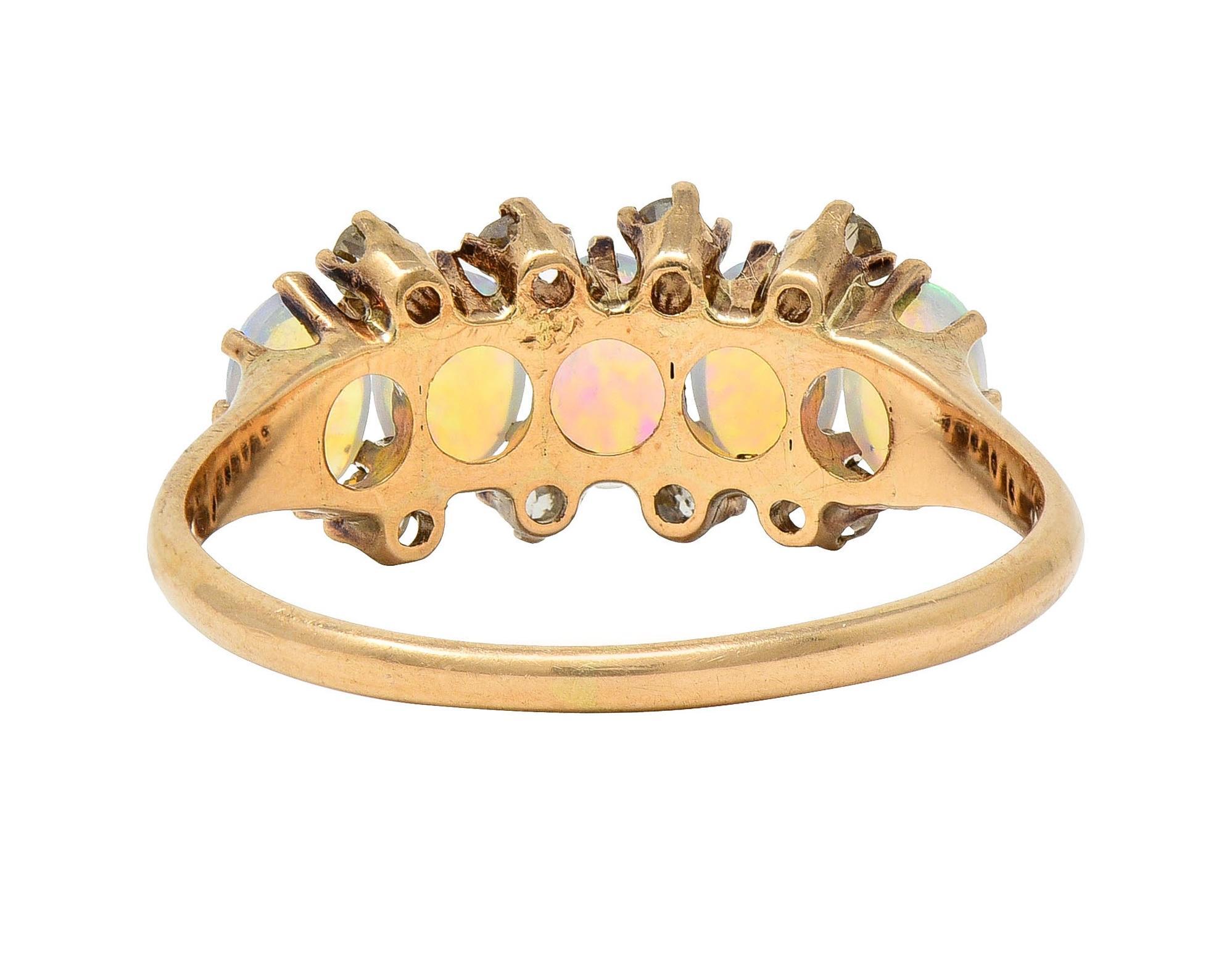 Women's or Men's Victorian Opal Cabochon Diamond 14 Karat Yellow Gold Five Stone Antique Ring
