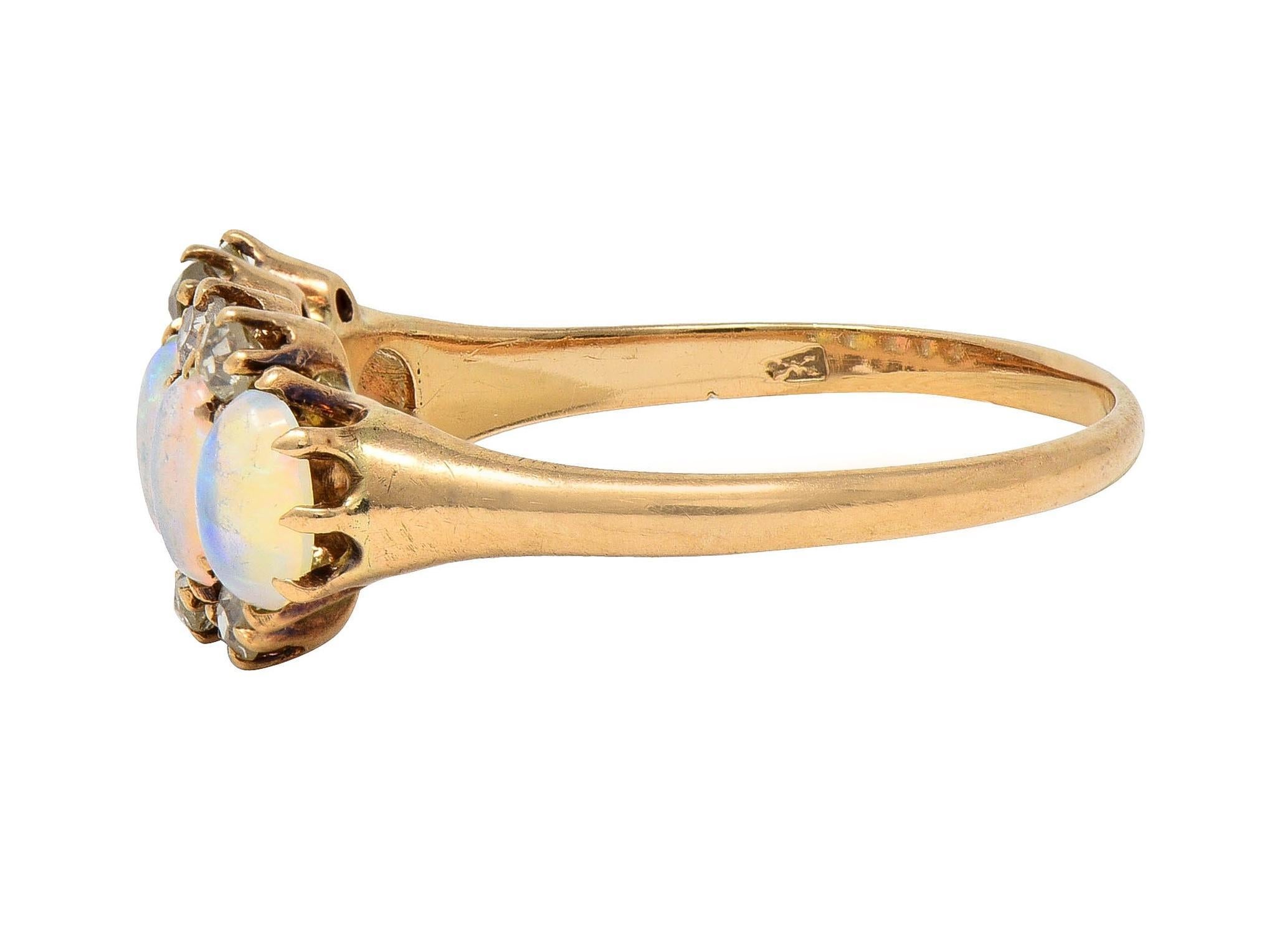 Victorian Opal Cabochon Diamond 14 Karat Yellow Gold Five Stone Antique Ring 1