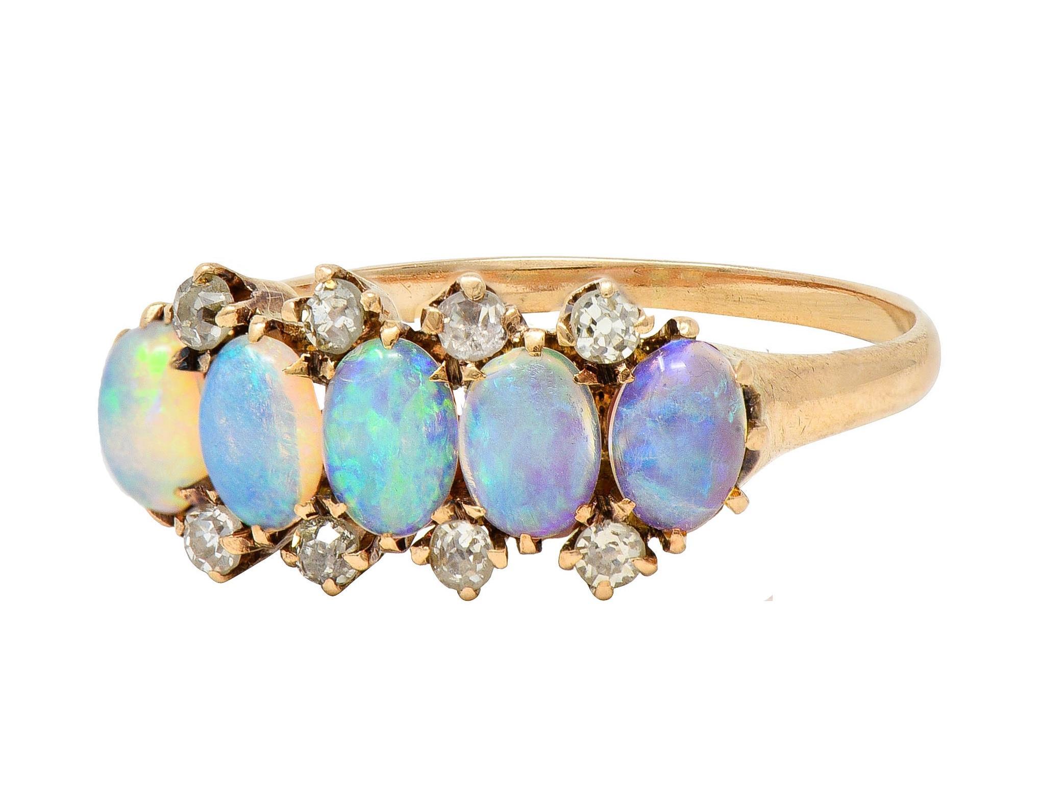 Victorian Opal Cabochon Diamond 14 Karat Yellow Gold Five Stone Antique Ring For Sale 2