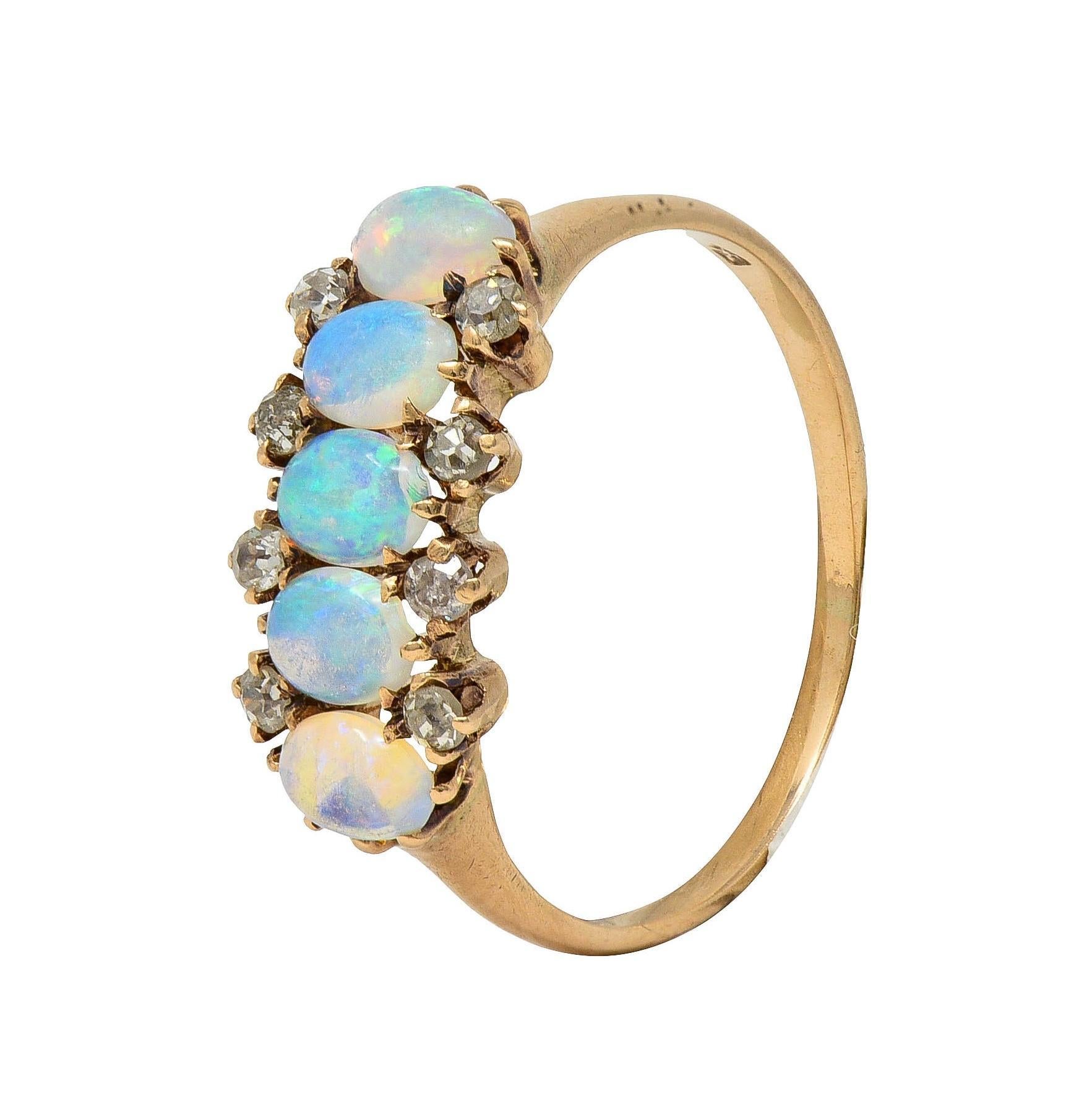 Victorian Opal Cabochon Diamond 14 Karat Yellow Gold Five Stone Antique Ring For Sale 4