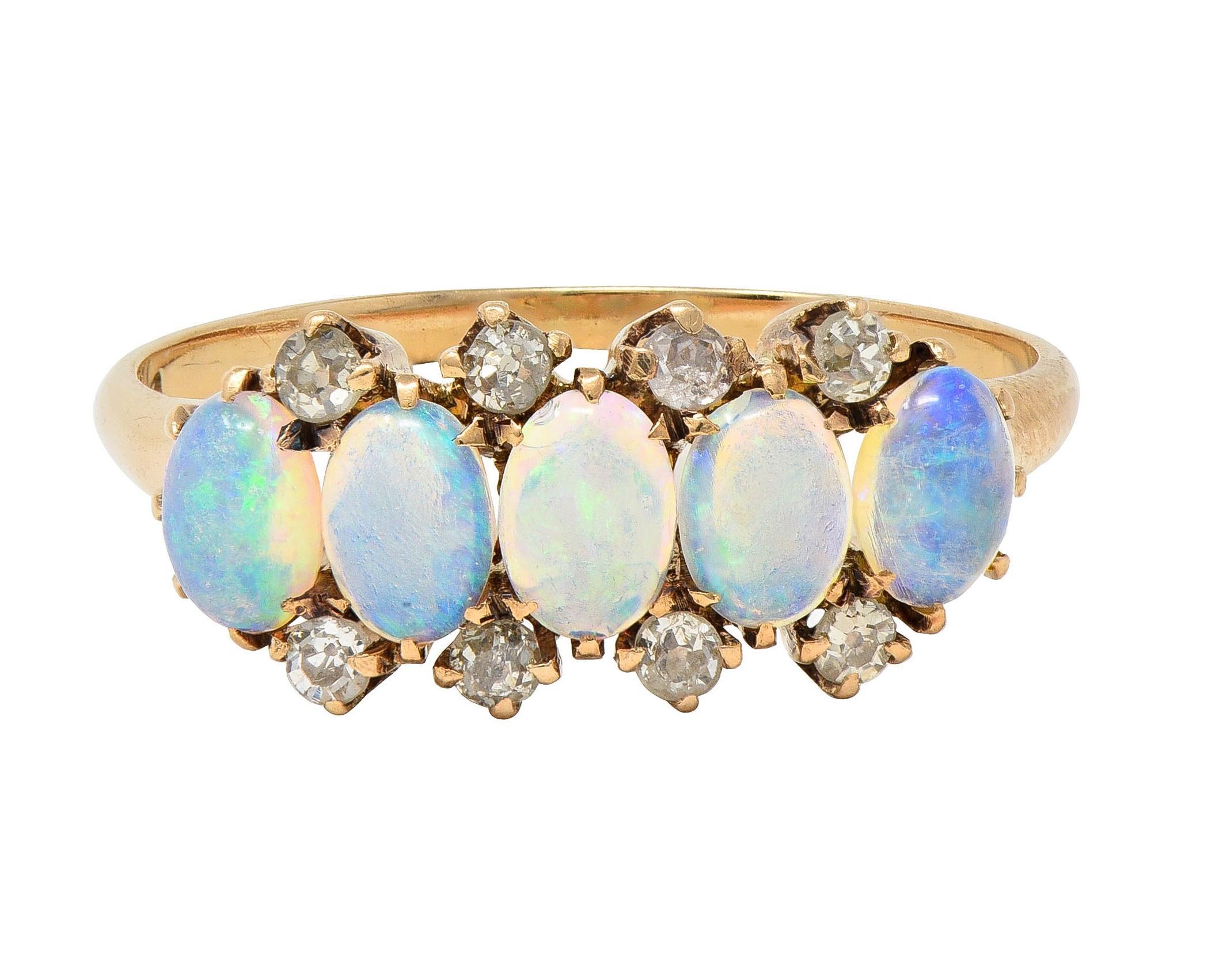 Victorian Opal Cabochon Diamond 14 Karat Yellow Gold Five Stone Antique Ring For Sale 5