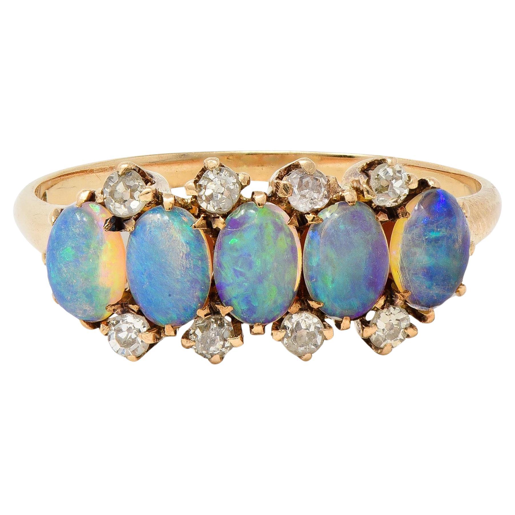 Victorian Opal Cabochon Diamond 14 Karat Yellow Gold Five Stone Antique Ring For Sale