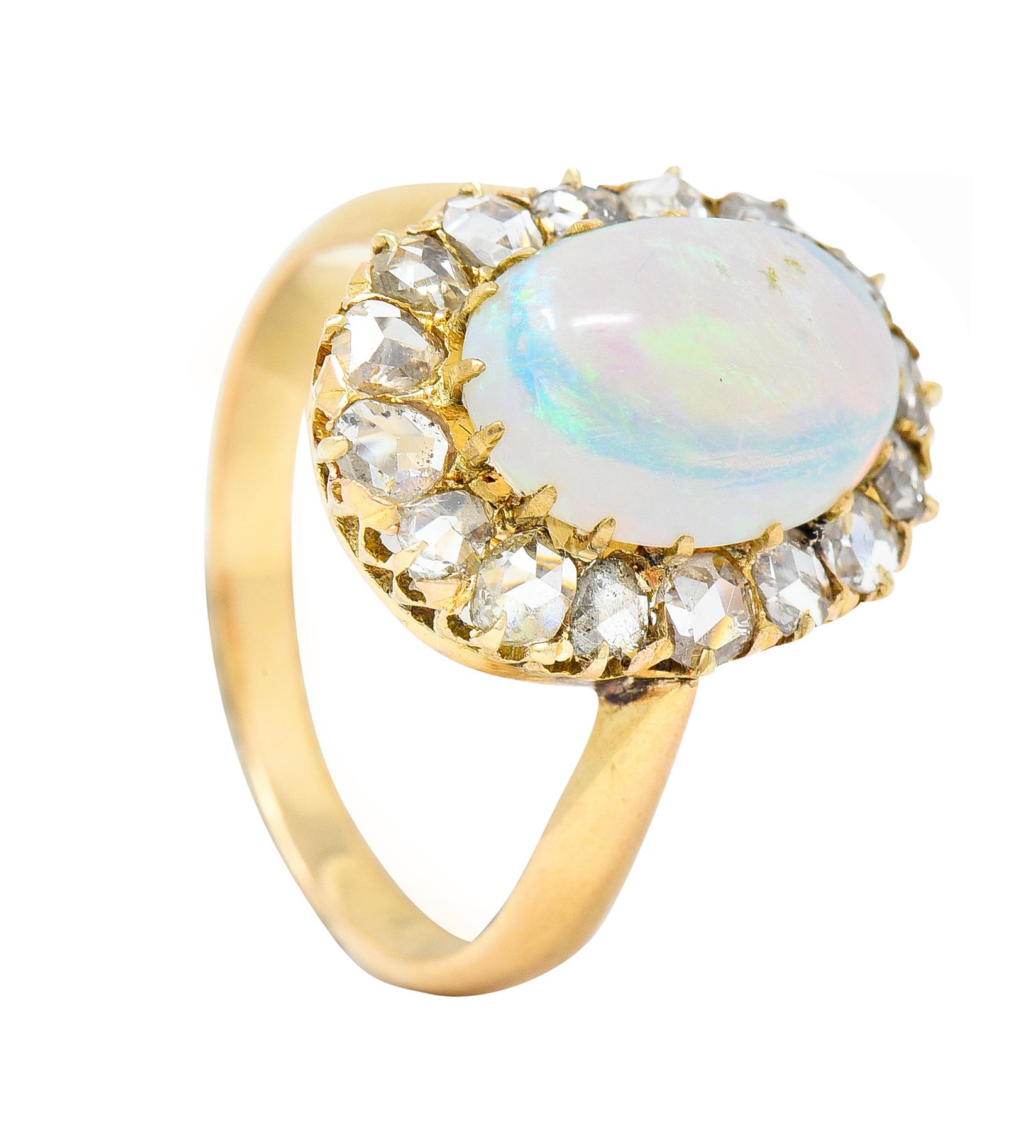 Victorian Opal Cabochon Diamond 18 Karat Yellow Gold Antique Halo Ring 5