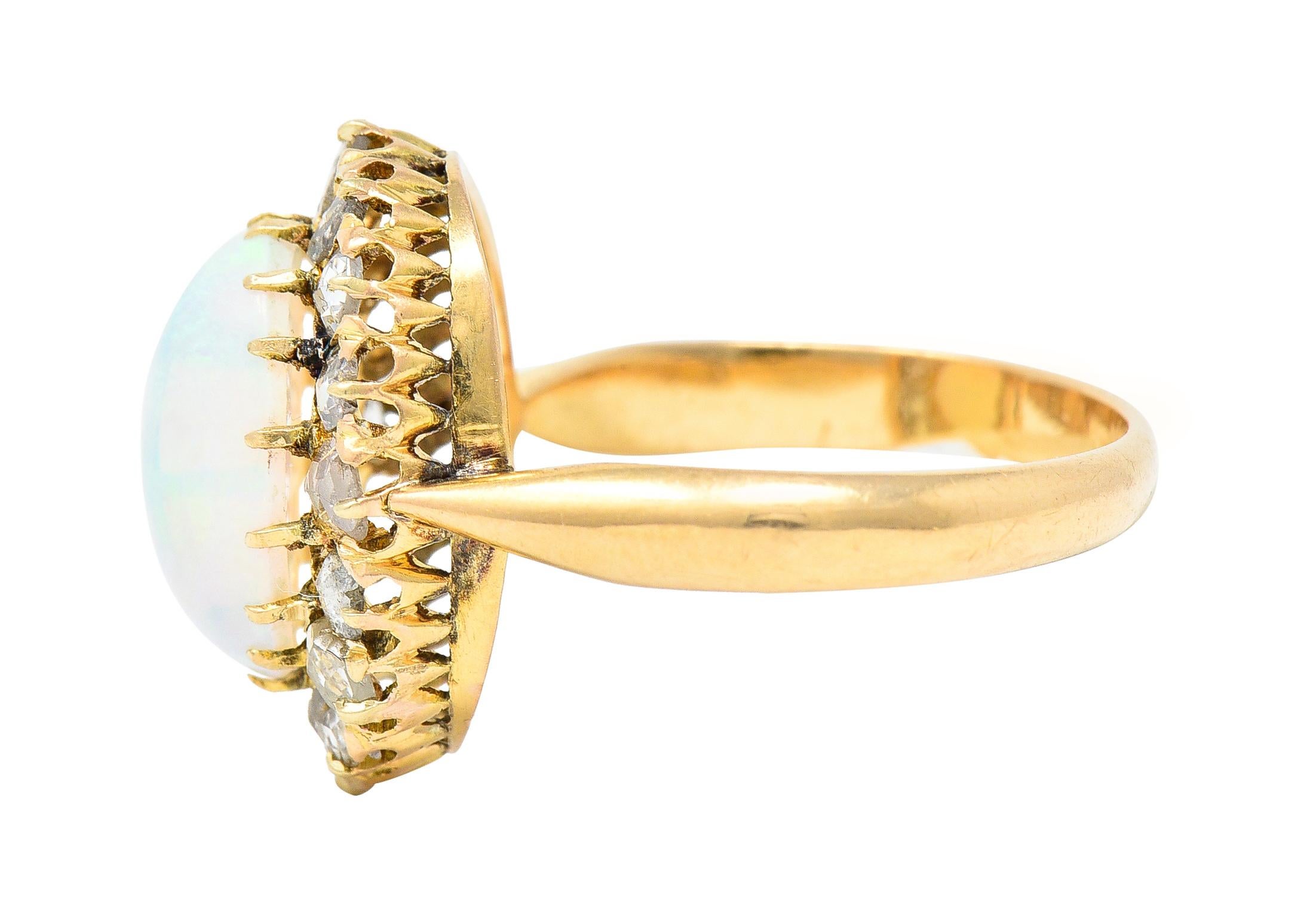 Women's or Men's Victorian Opal Cabochon Diamond 18 Karat Yellow Gold Antique Halo Ring