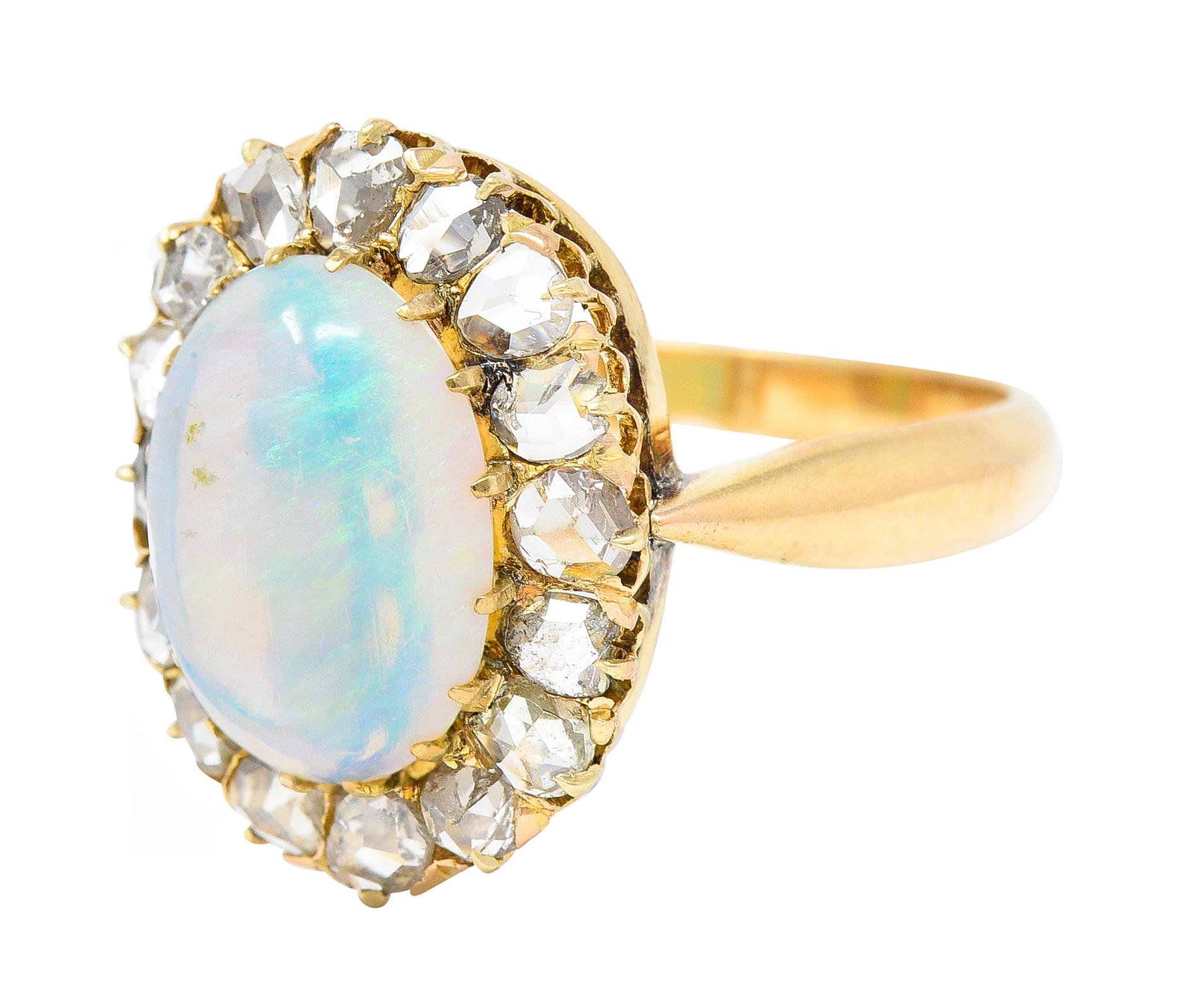 Victorian Opal Cabochon Diamond 18 Karat Yellow Gold Antique Halo Ring 1