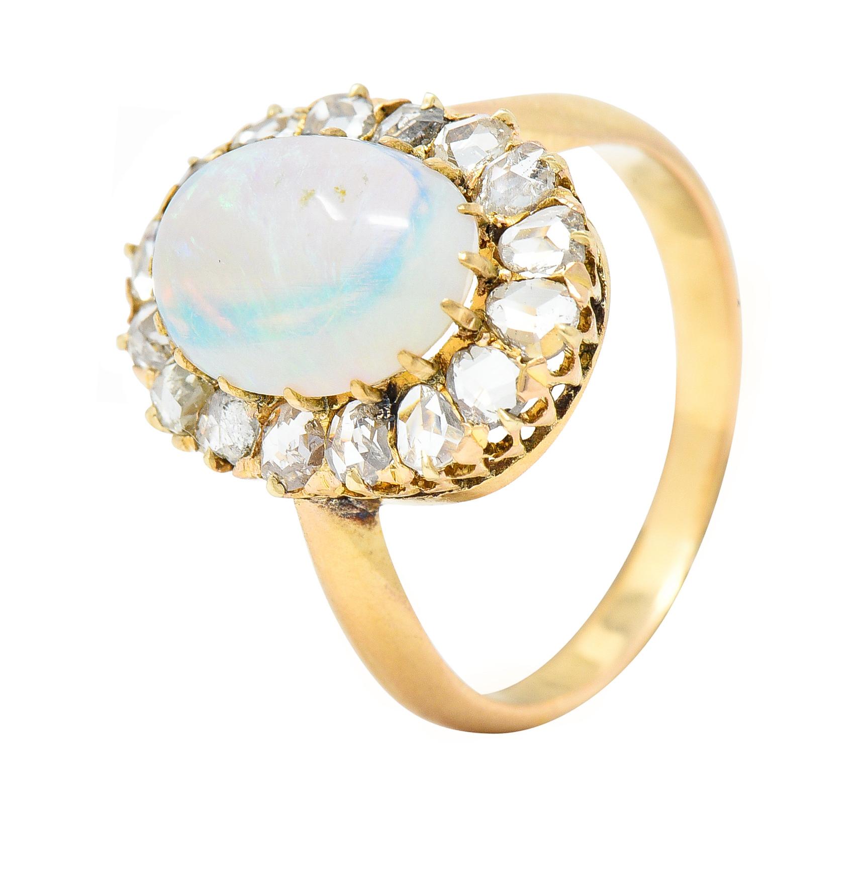 Victorian Opal Cabochon Diamond 18 Karat Yellow Gold Antique Halo Ring 2