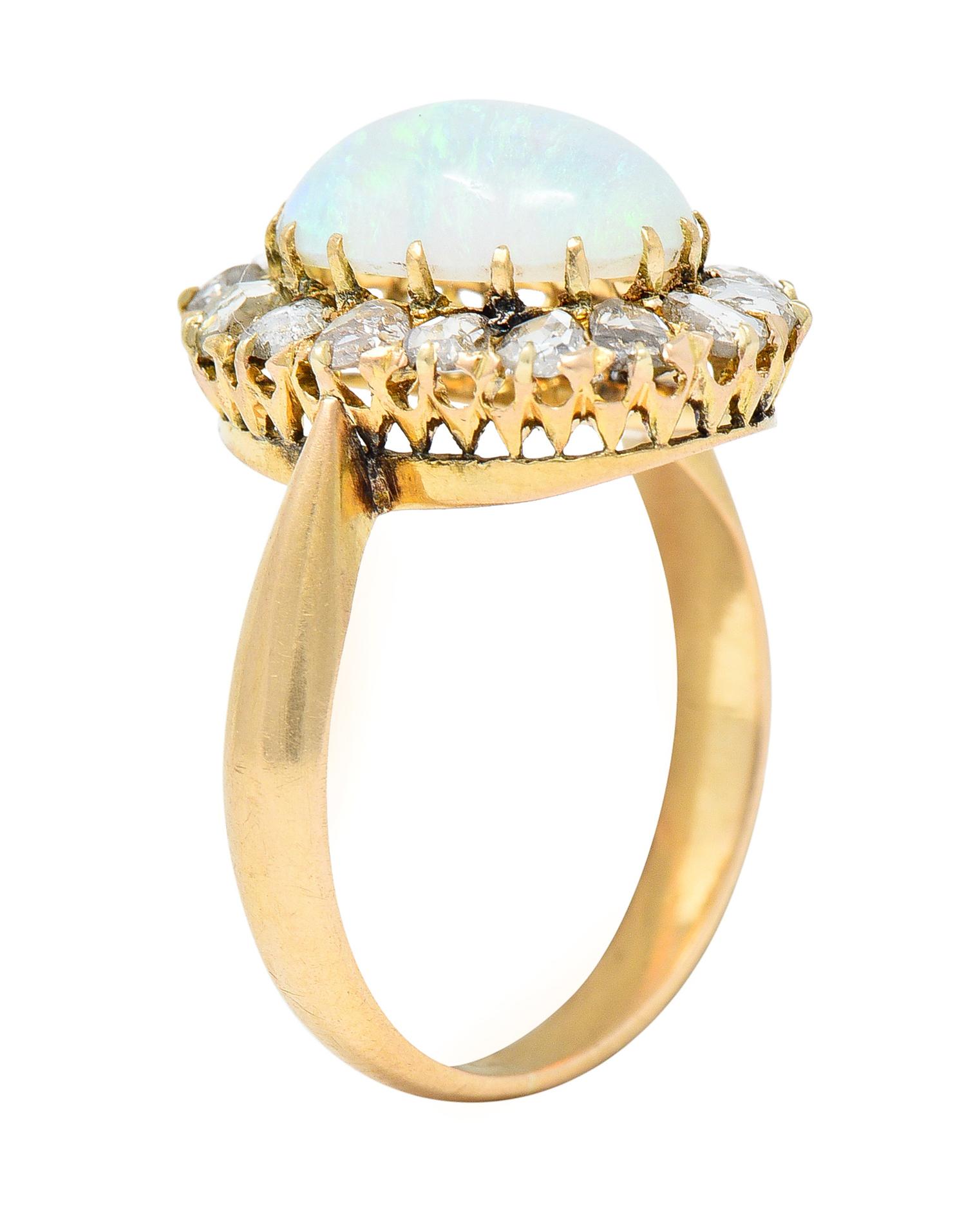 Victorian Opal Cabochon Diamond 18 Karat Yellow Gold Antique Halo Ring 4