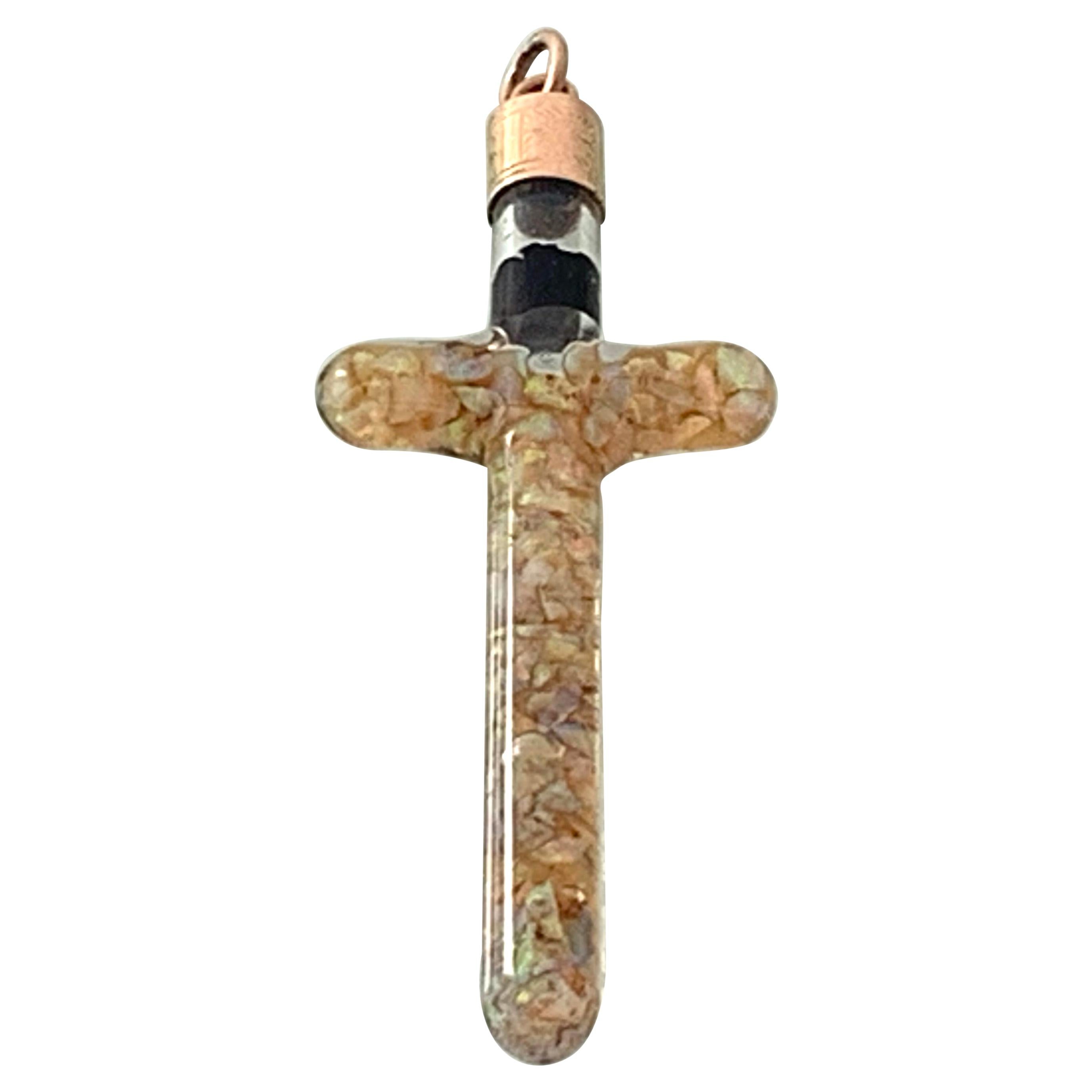 Victorian Opal Chips Glass Cross Pendant For Sale
