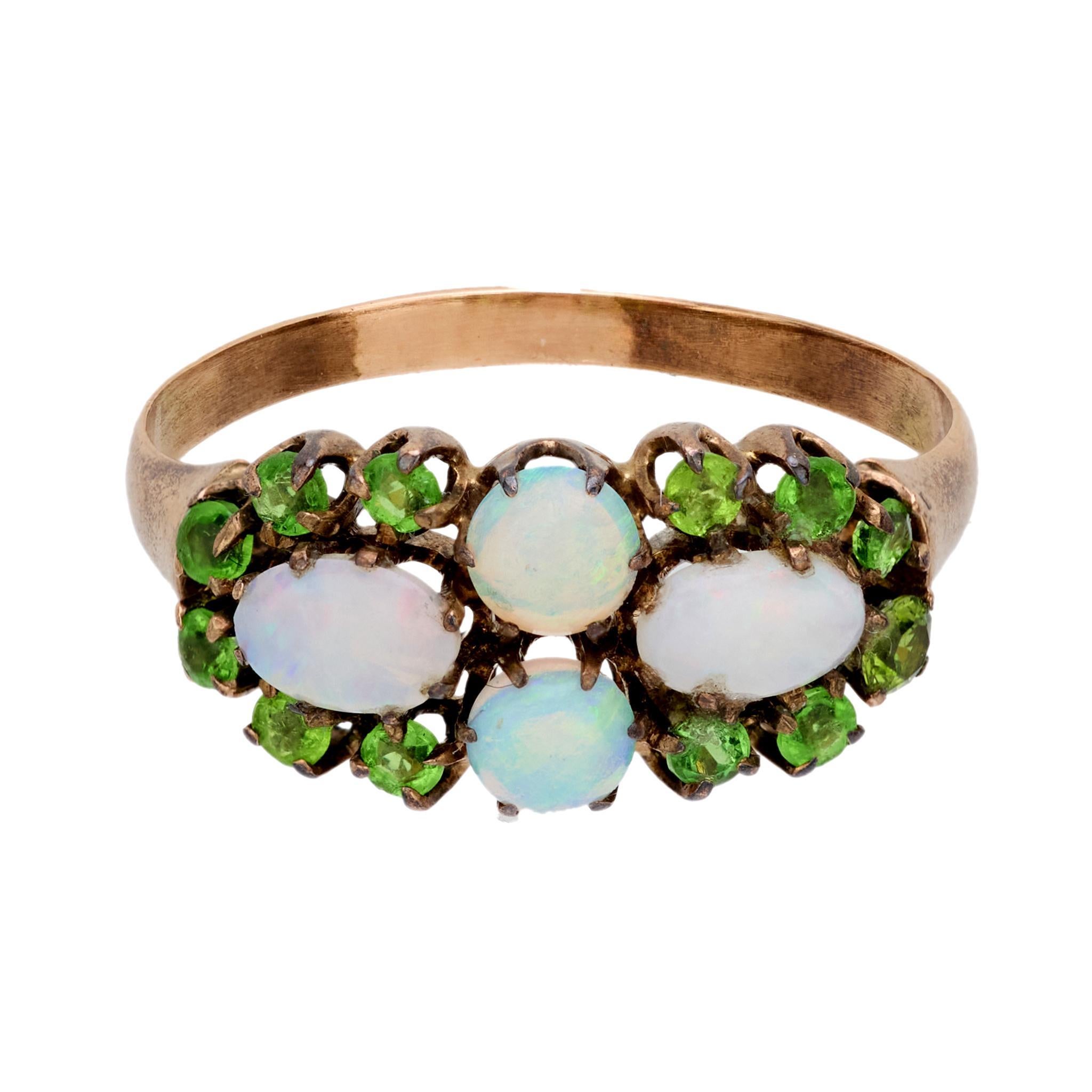 Cabochon Victorian opal demantoid 10k rose gold ring For Sale