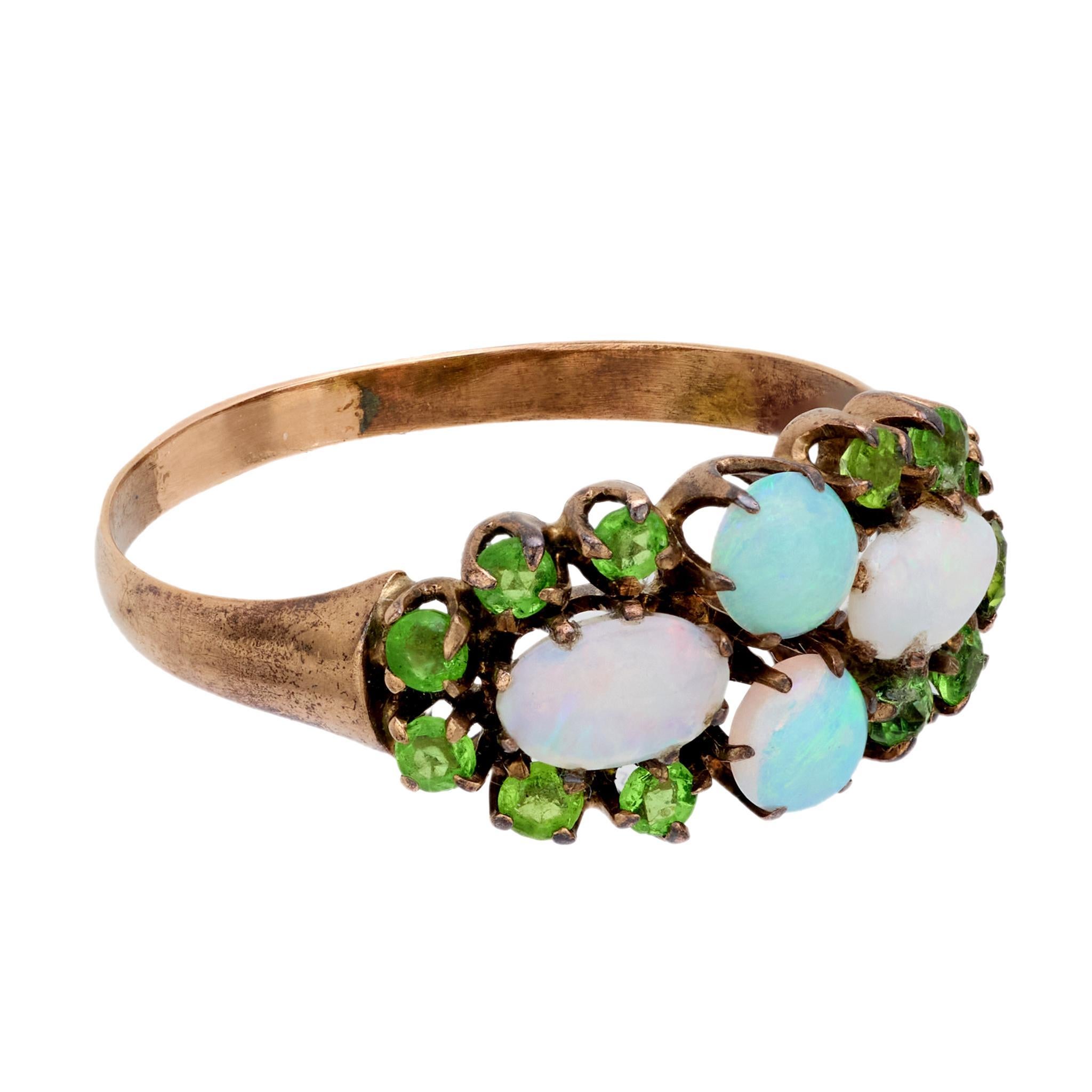 Victorian opal demantoid 10k rose gold ring In Good Condition For Sale In Beverly Hills, CA