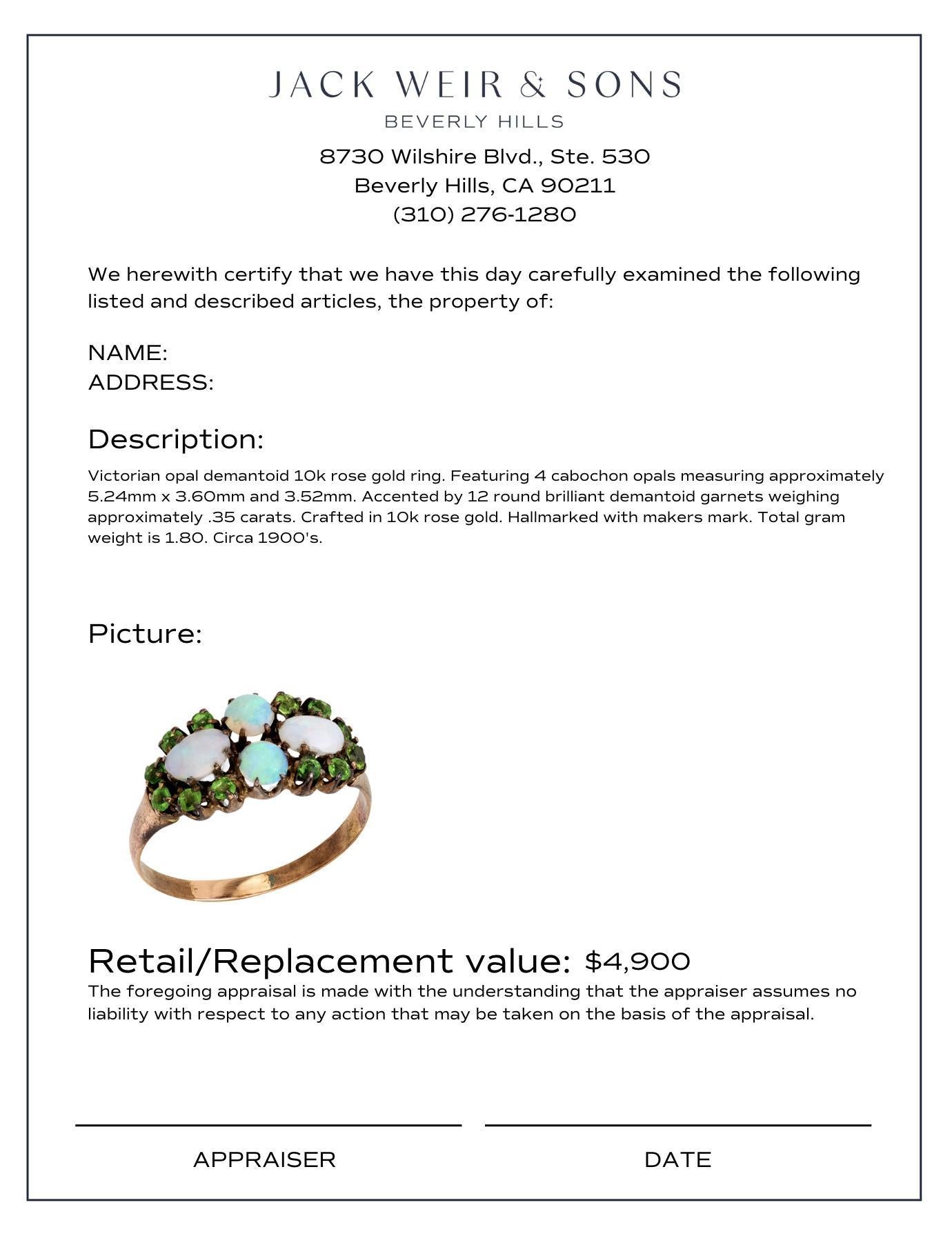 Women's Victorian opal demantoid 10k rose gold ring For Sale
