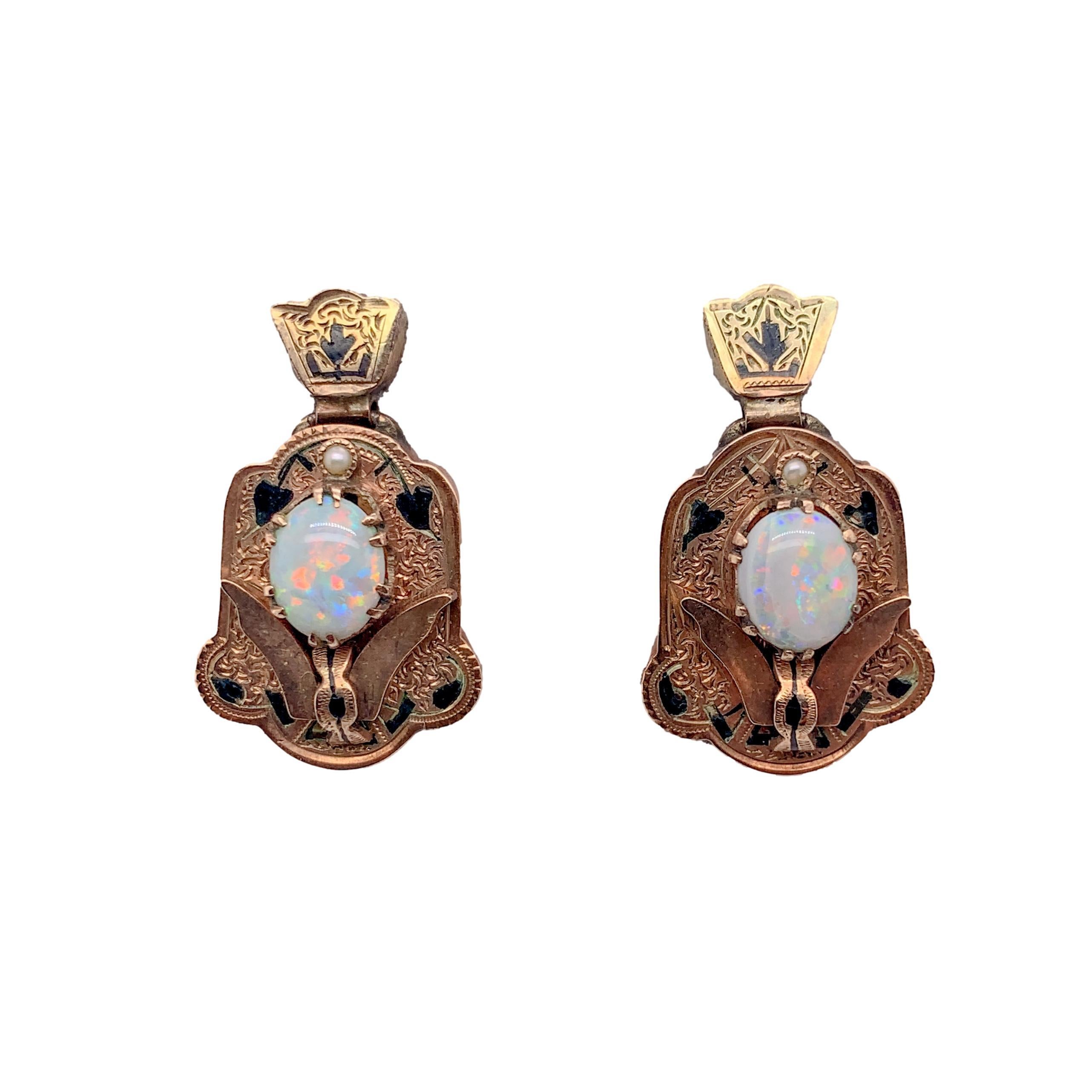 Oval Cut Victorian Opal Demi Parure 14K Rosy Yellow Gold Earrings and Pin For Sale