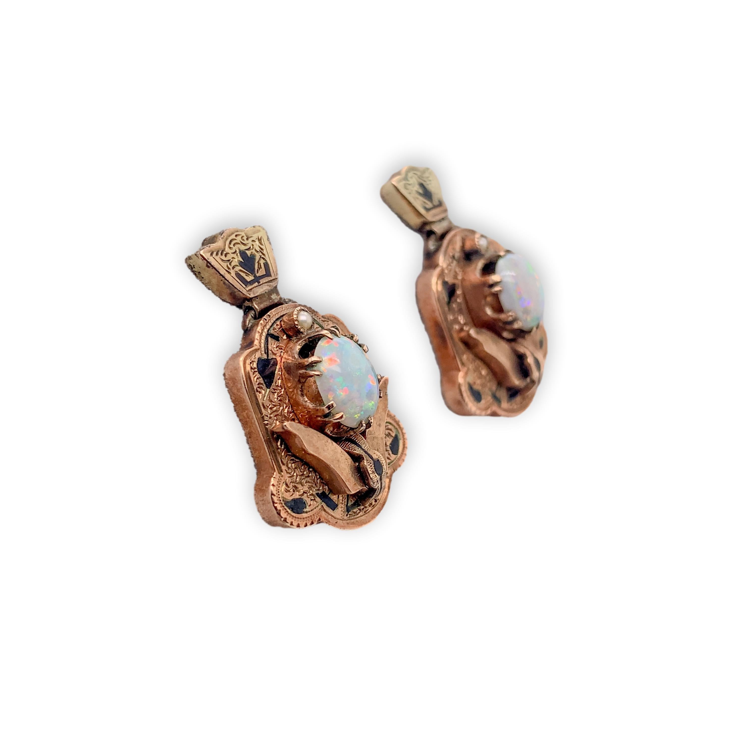 Victorian Opal Demi Parure 14K Rosy Yellow Gold Earrings and Pin In Good Condition For Sale In Big Bend, WI