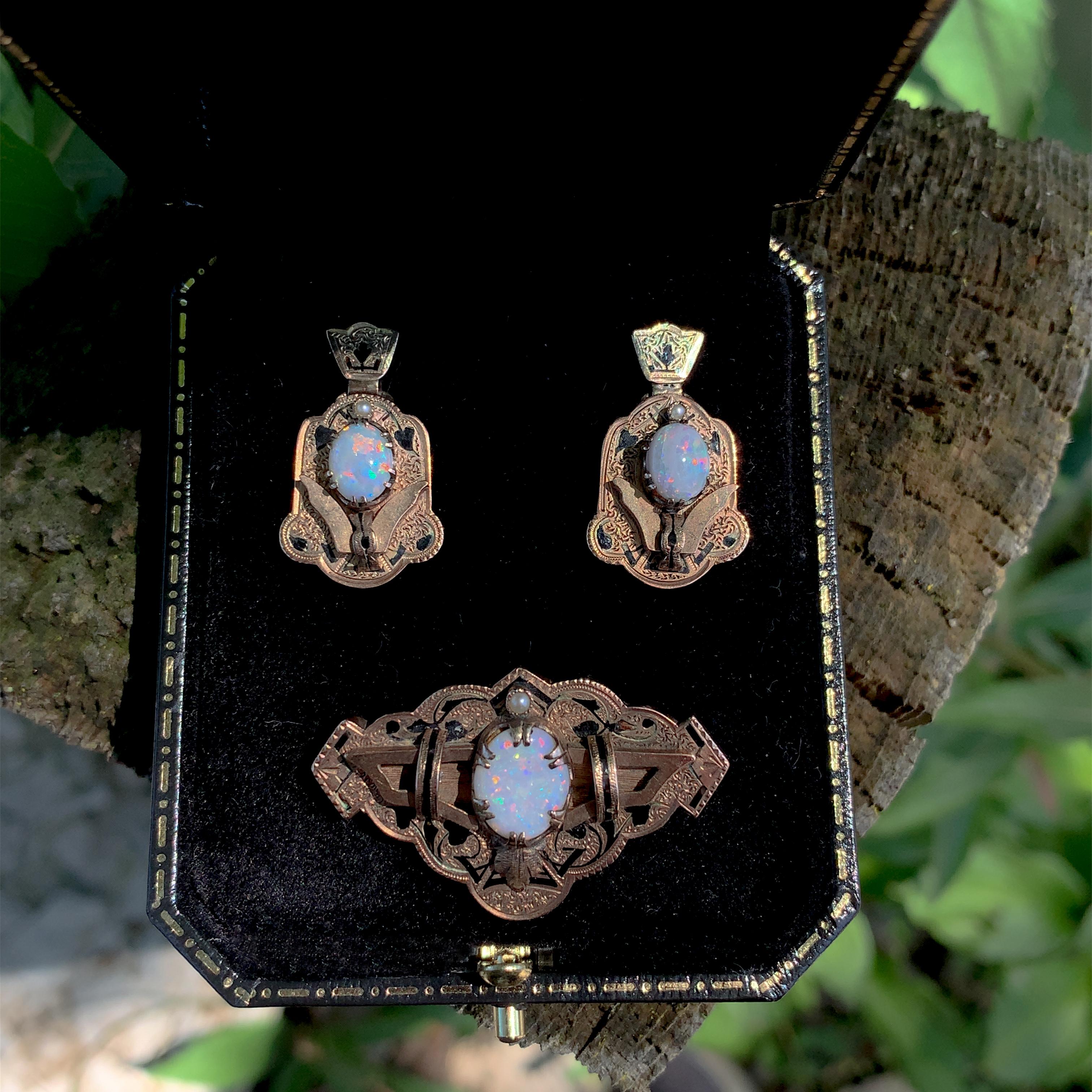 Victorian Opal Demi Parure 14K Rosy Yellow Gold Earrings and Pin For Sale 4