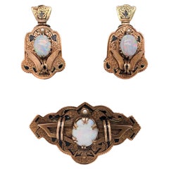 Victorian Opal Demi Parure 14K Rosy Yellow Gold Earrings and Pin