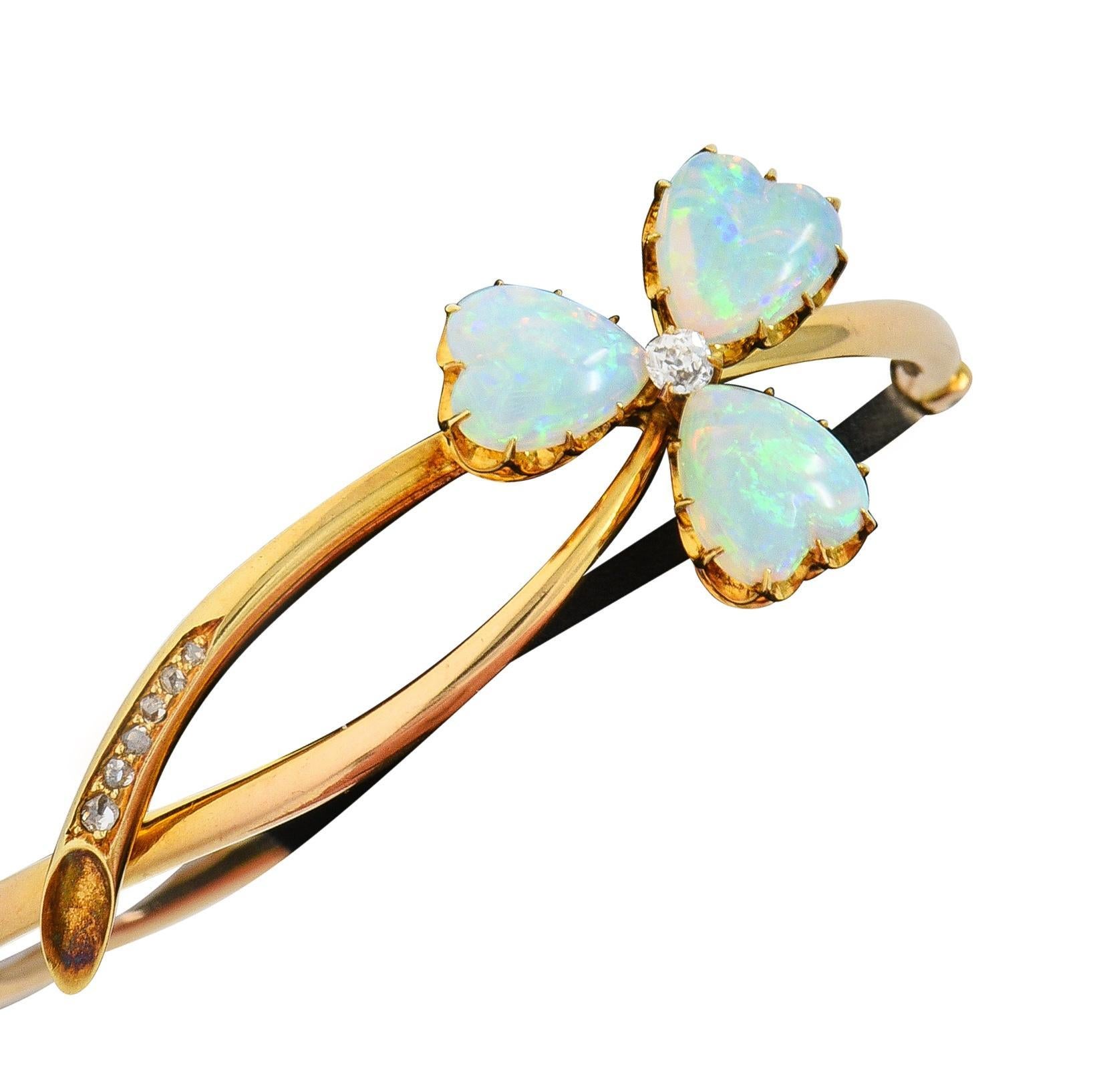 Heart Cut Victorian Opal Diamond 14 Karat Gold Antique Bypass Clover Bangle Bracelet For Sale