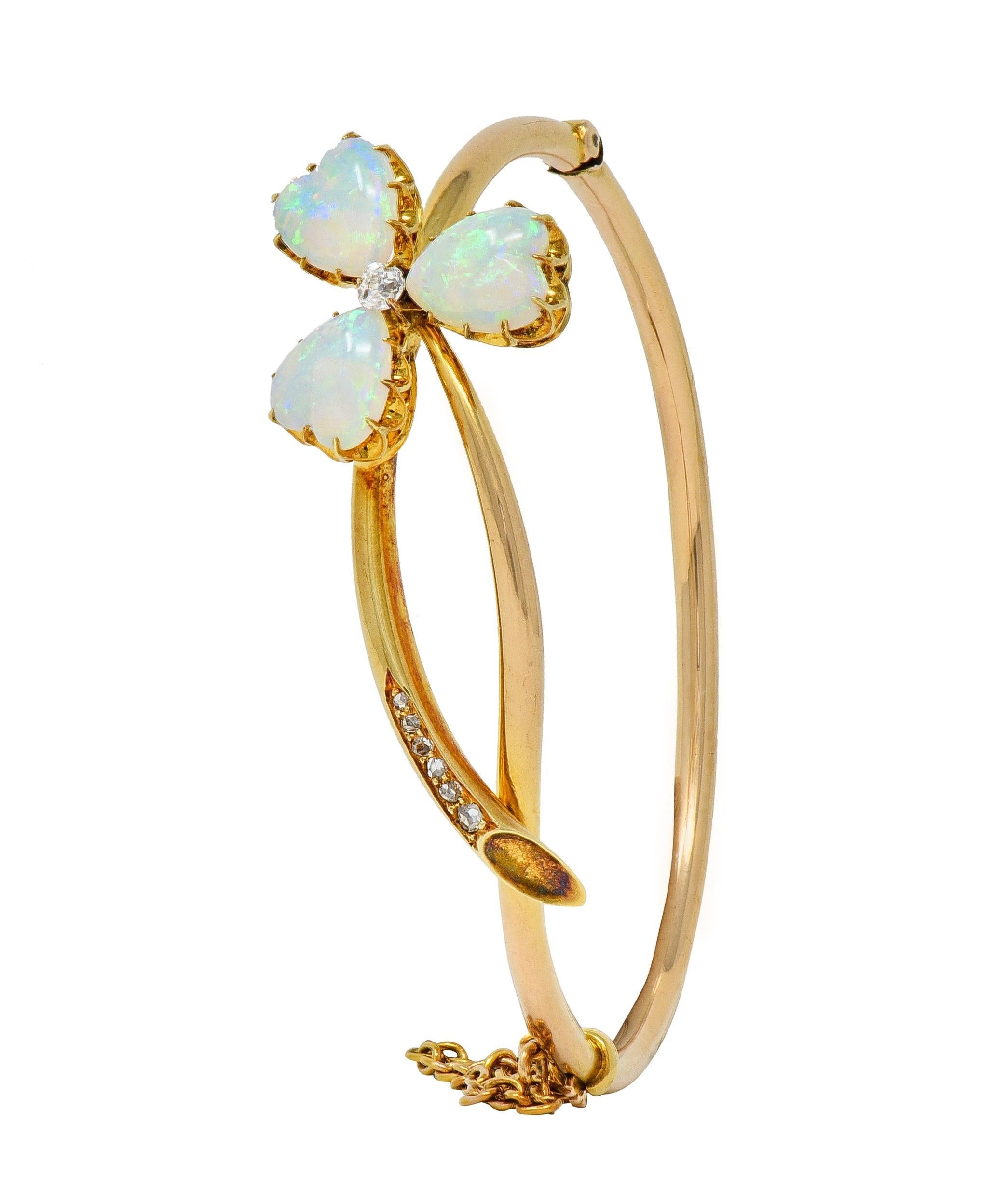 Victorian Opal Diamond 14 Karat Gold Antique Bypass Clover Bangle Bracelet In Excellent Condition For Sale In Philadelphia, PA