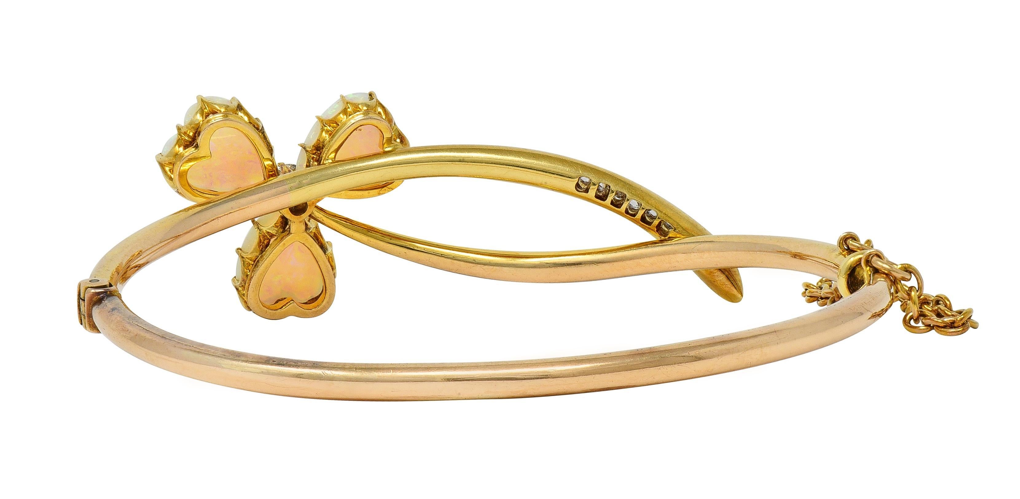 Women's or Men's Victorian Opal Diamond 14 Karat Gold Antique Bypass Clover Bangle Bracelet For Sale