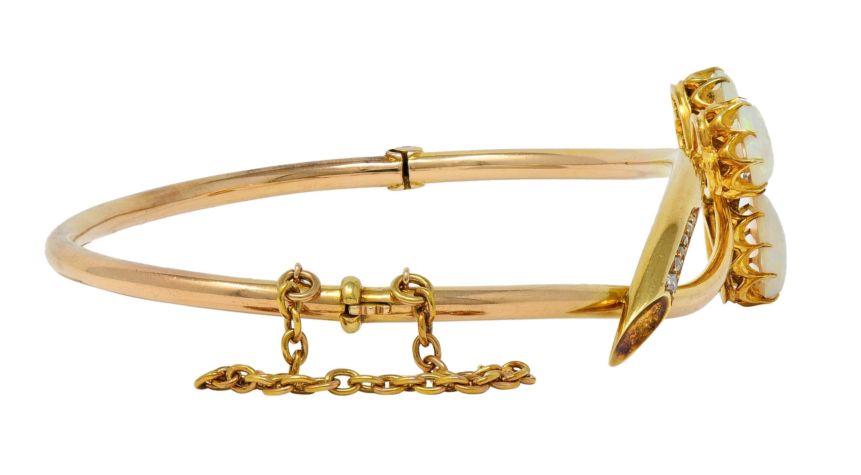 Victorian Opal Diamond 14 Karat Gold Antique Bypass Clover Bangle Bracelet For Sale 1