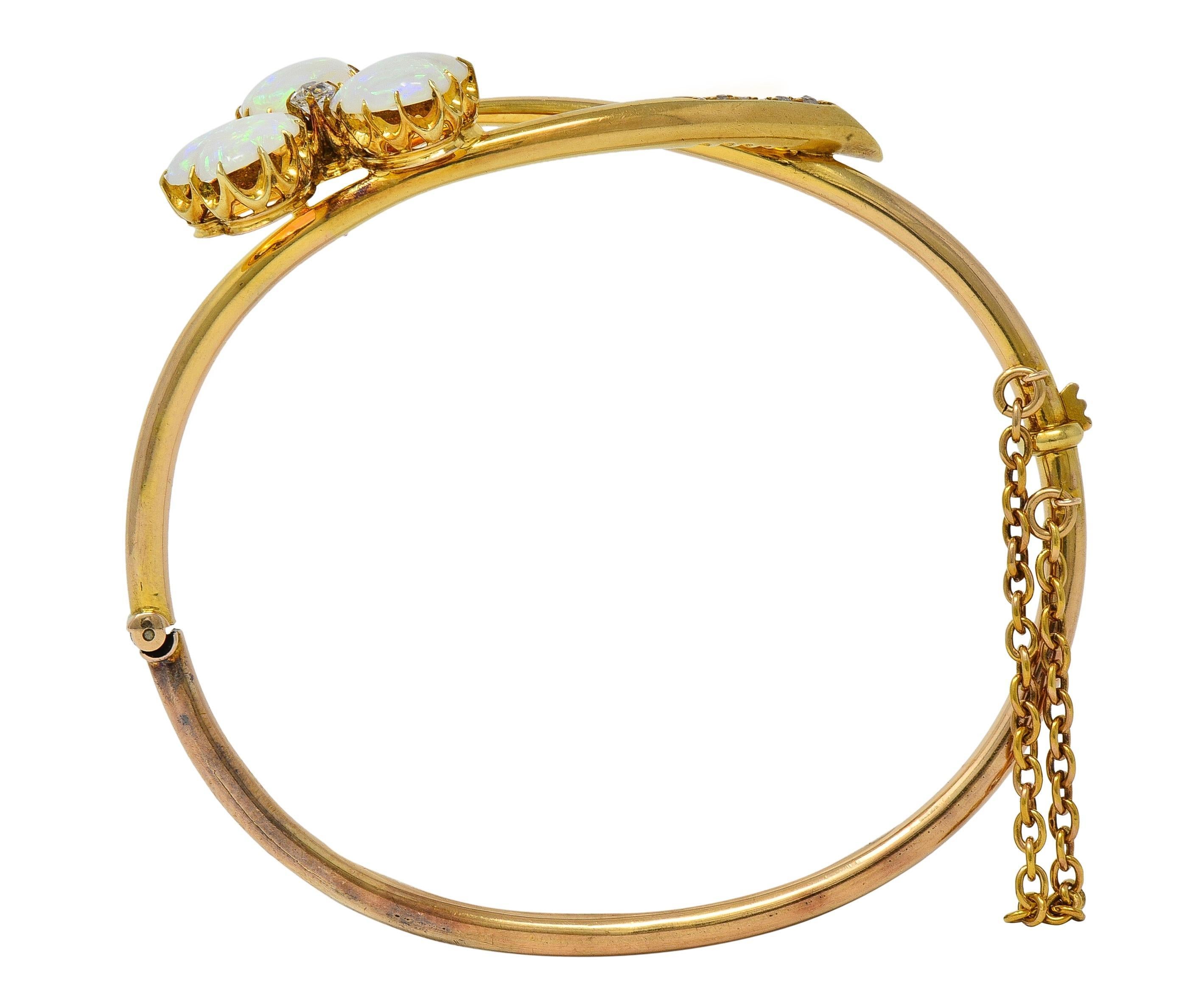 Victorian Opal Diamond 14 Karat Gold Antique Bypass Clover Bangle Bracelet For Sale 2