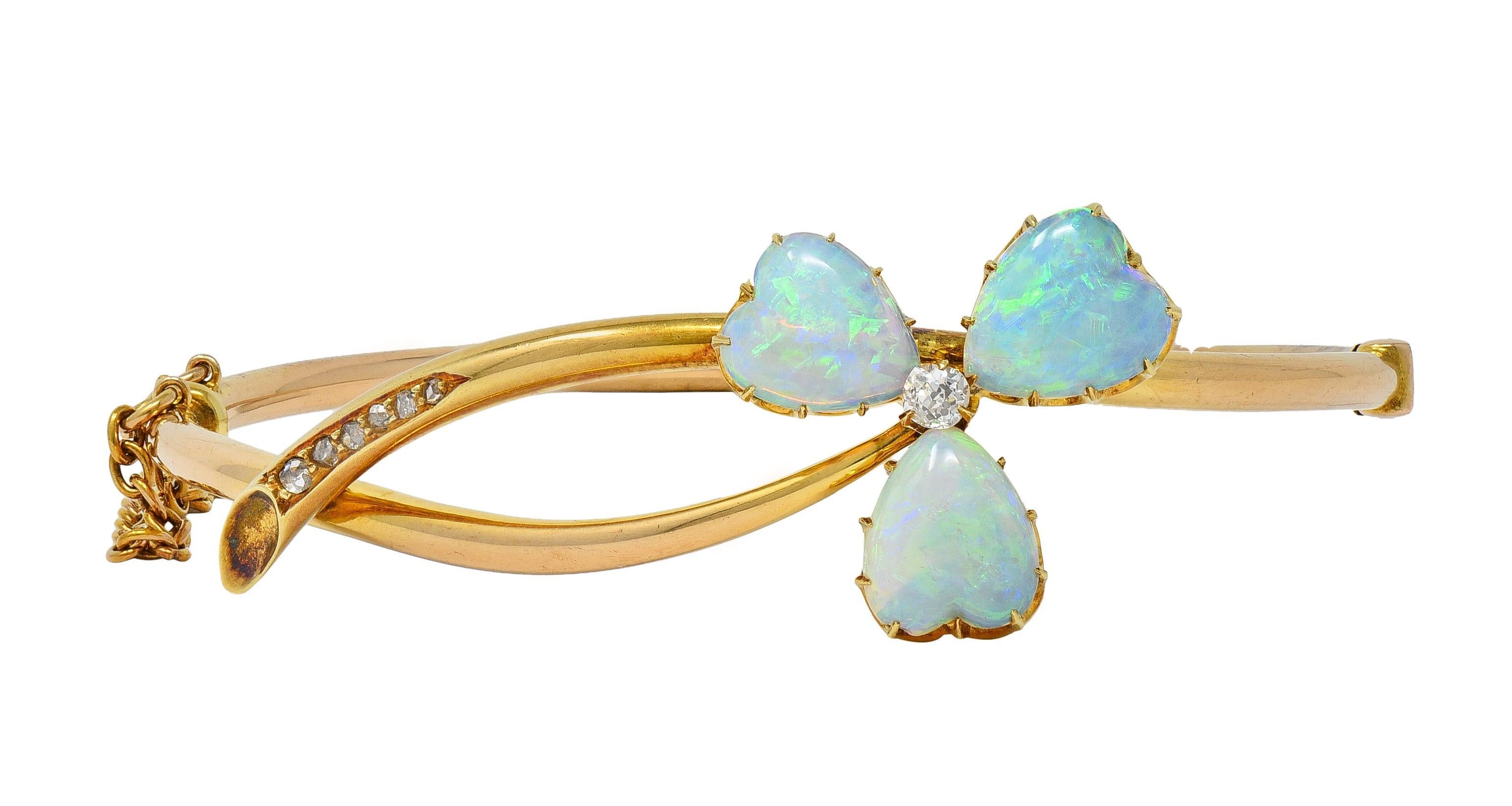 Victorian Opal Diamond 14 Karat Gold Antique Bypass Clover Bangle Bracelet For Sale 3