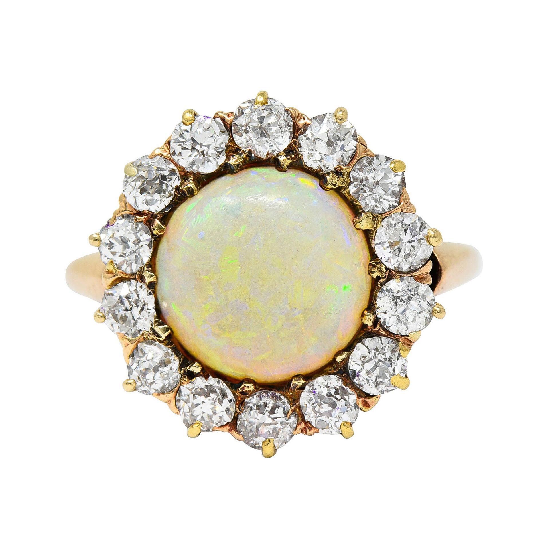 Victorian Opal Diamond 14 Karat Gold Cabochon Cluster Ring