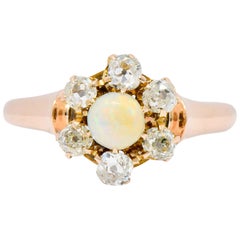 Victorian Opal Diamond 14 Karat Rose Gold Cluster Ring