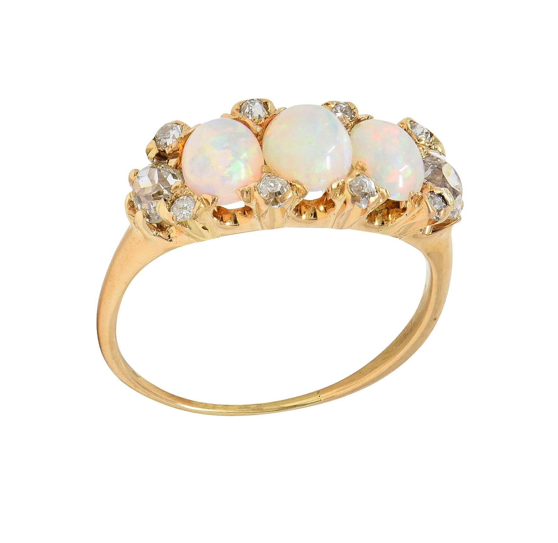 Victorian Opal Diamond 14 Karat Yellow Gold Antique Band Ring For Sale 6