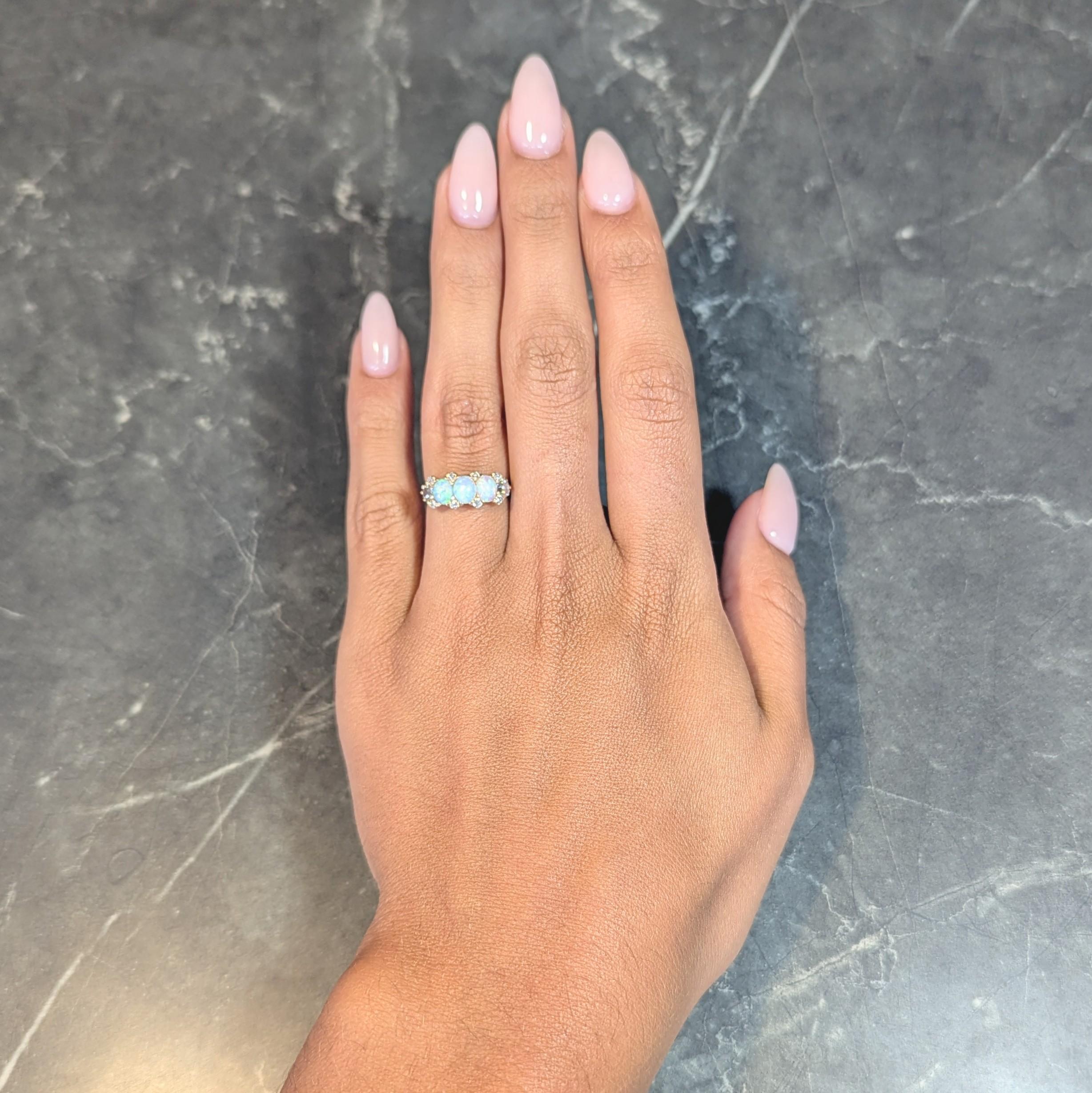 Cabochon Victorian Opal Diamond 14 Karat Yellow Gold Antique Band Ring For Sale