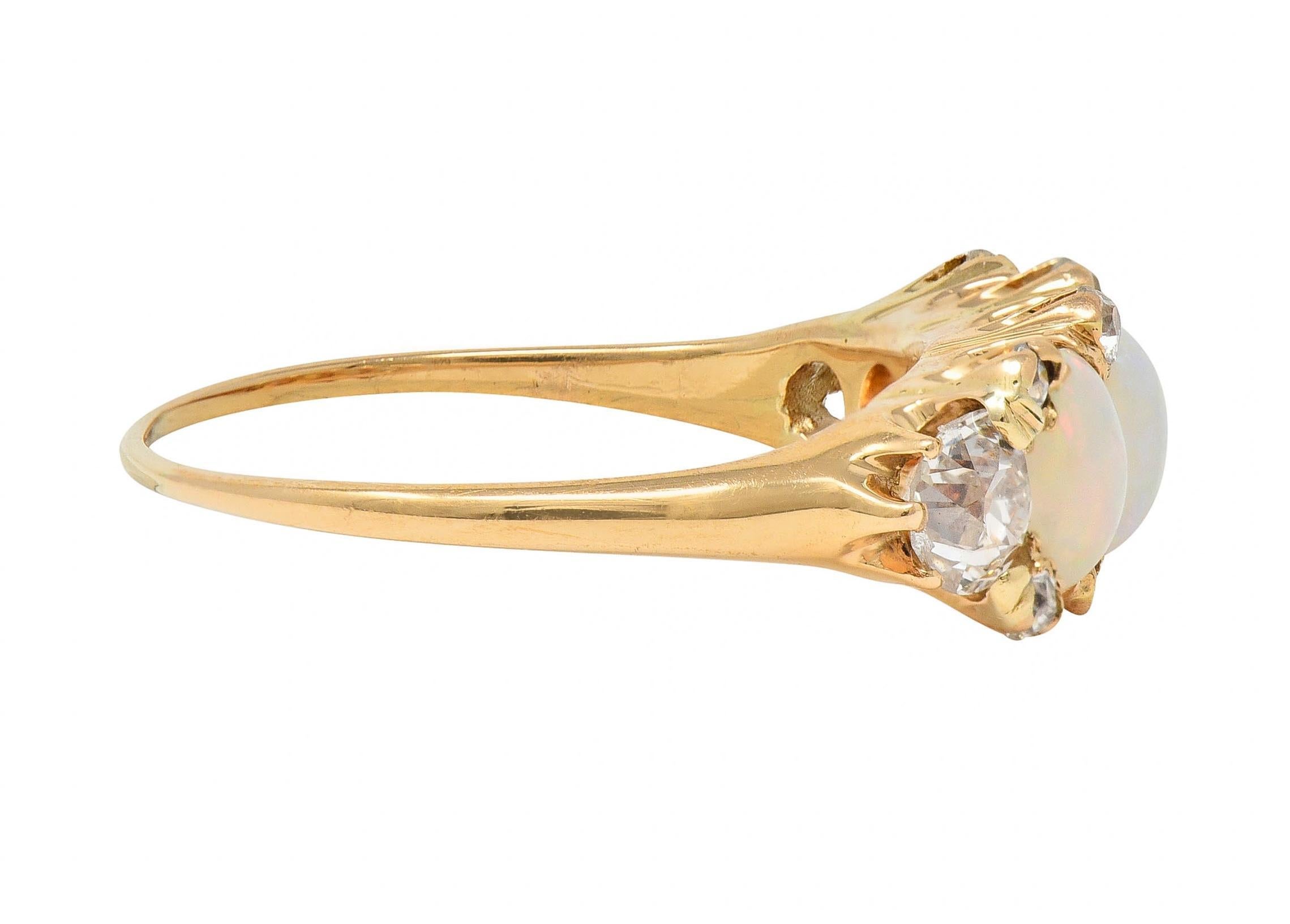 Victorian Opal Diamond 14 Karat Yellow Gold Antique Band Ring In Excellent Condition For Sale In Philadelphia, PA