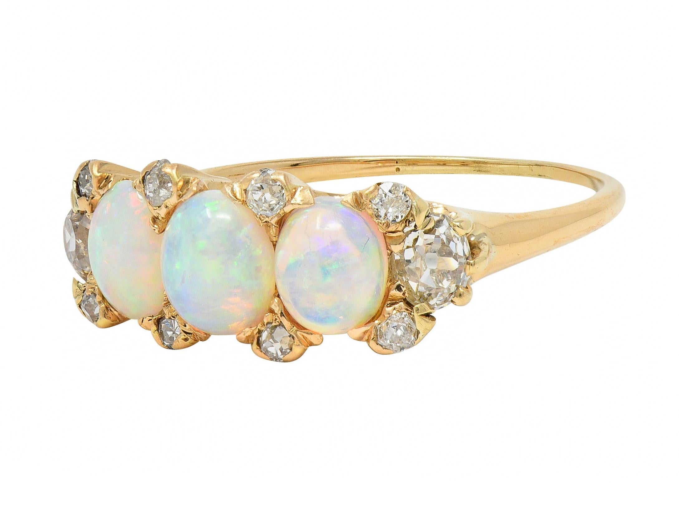 Victorian Opal Diamond 14 Karat Yellow Gold Antique Band Ring For Sale 2