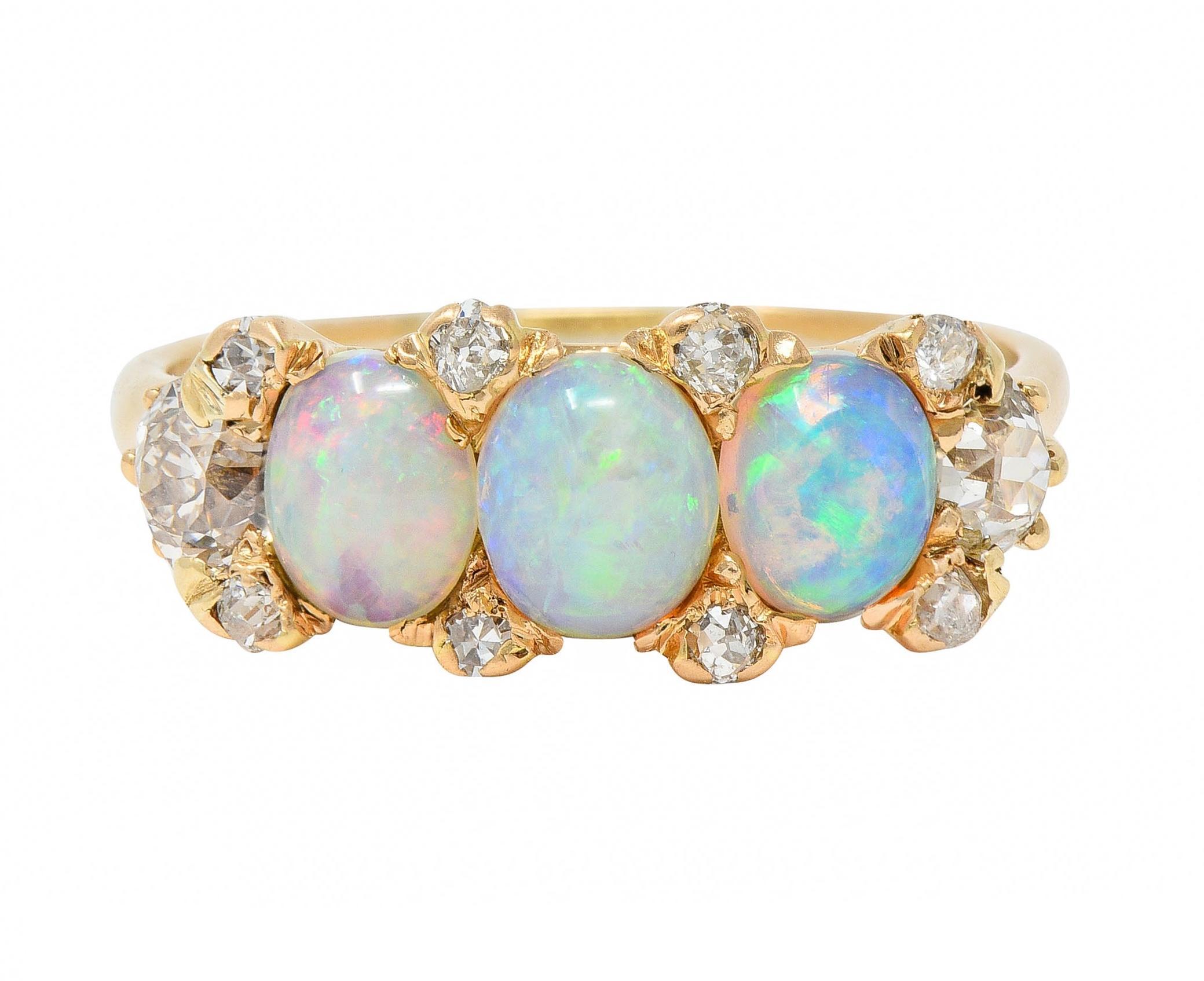 Victorian Opal Diamond 14 Karat Yellow Gold Antique Band Ring For Sale 3