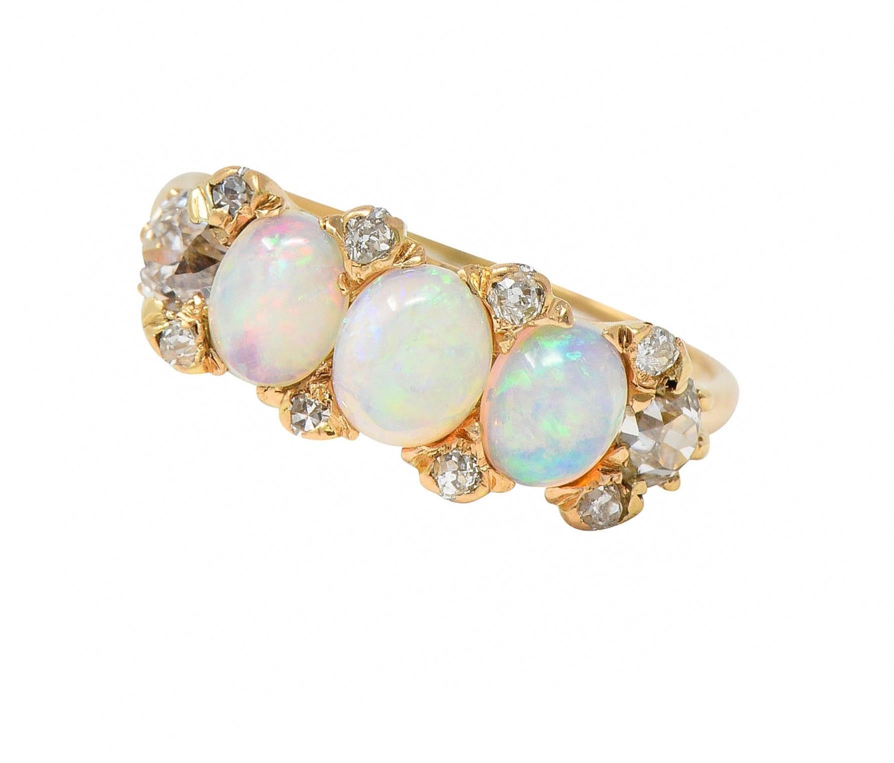 Victorian Opal Diamond 14 Karat Yellow Gold Antique Band Ring For Sale 4