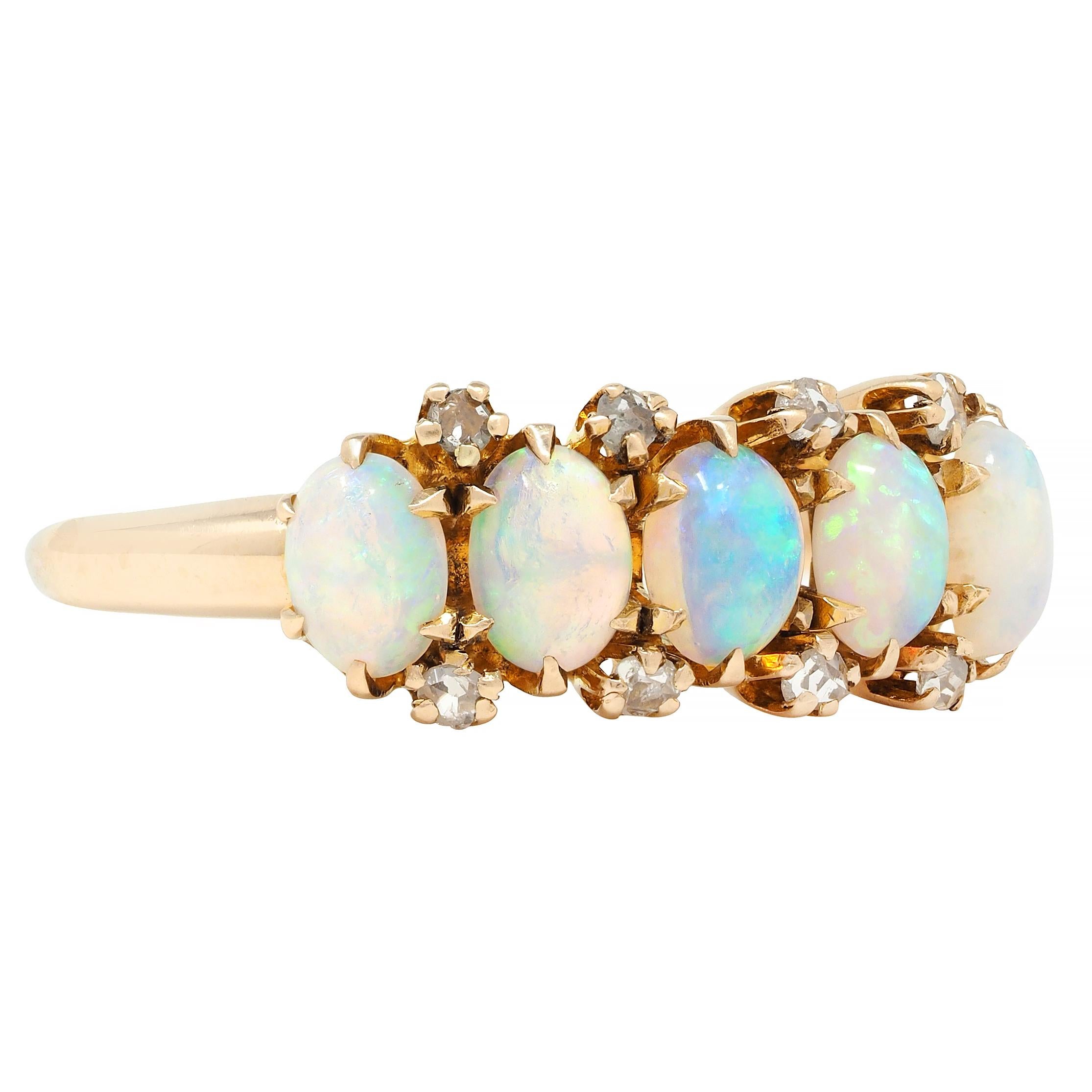 Oval Cut Victorian Opal Diamond 14 Karat Yellow Gold Antique Five Stone Ring
