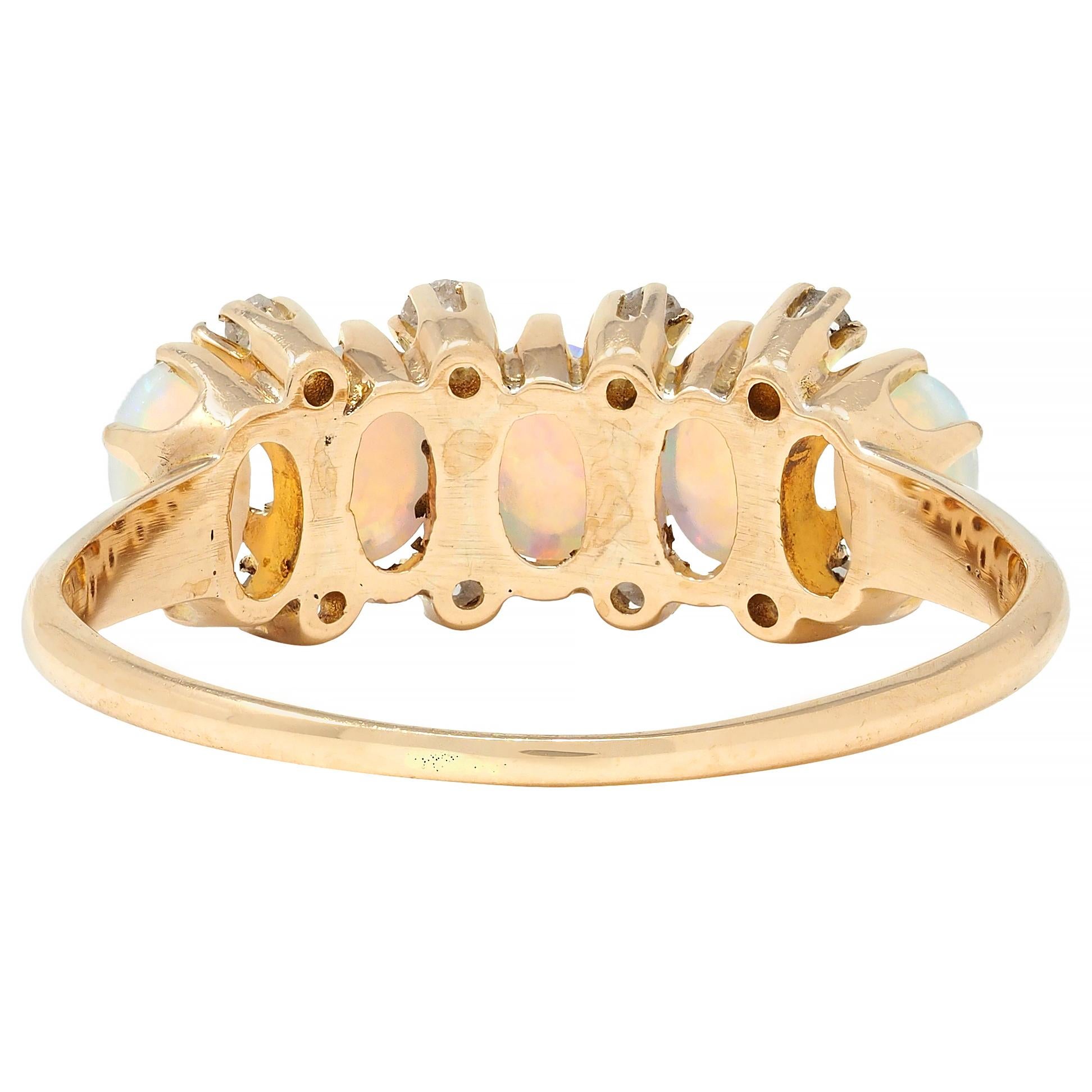 Women's or Men's Victorian Opal Diamond 14 Karat Yellow Gold Antique Five Stone Ring