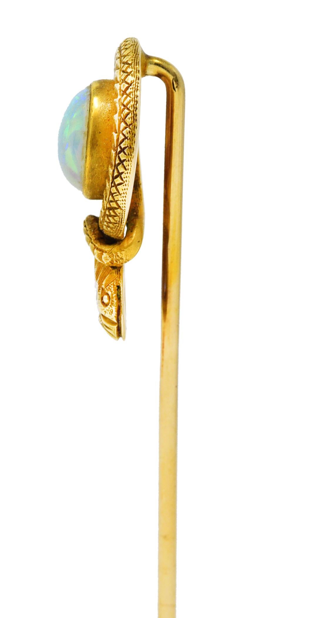 Round Cut Victorian Opal Diamond 14 Karat Yellow Gold Love Knot Snake Stickpin