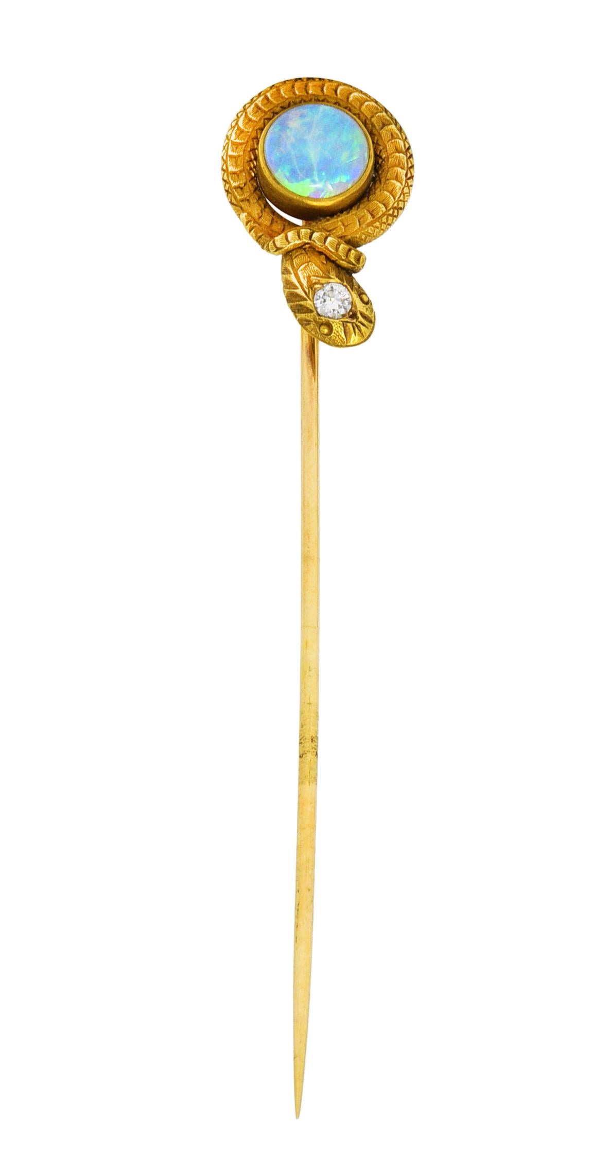 Victorian Opal Diamond 14 Karat Yellow Gold Love Knot Snake Stickpin 1