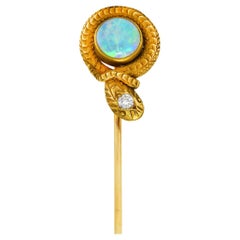 Viktorianische viktorianische Schlangenstickpin, Opal Diamant 14 Karat Gelbgold Liebesknoten