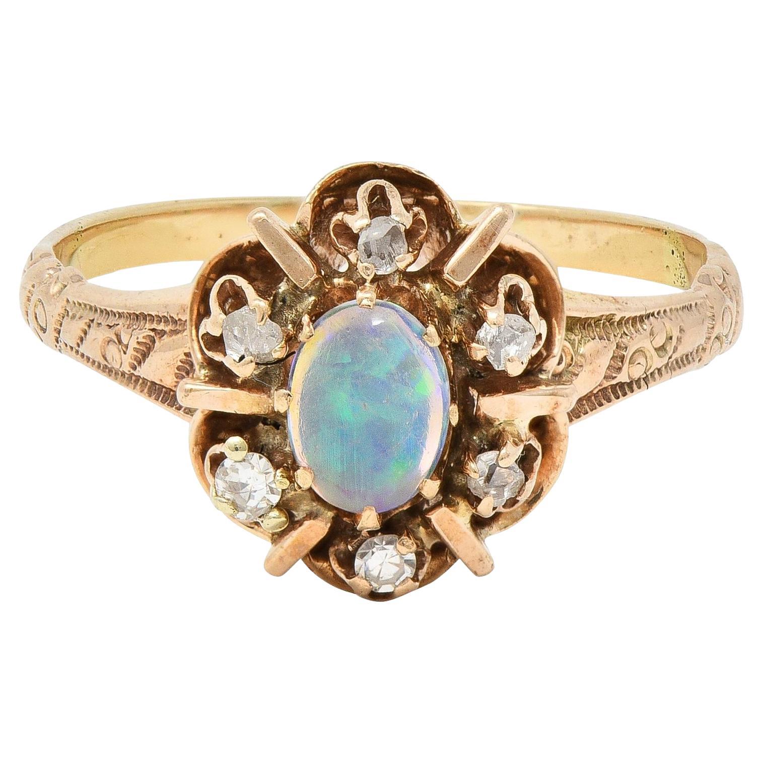 Victorian Opal Diamond 14 Kart Yellow Gold Antique Cluster Ring