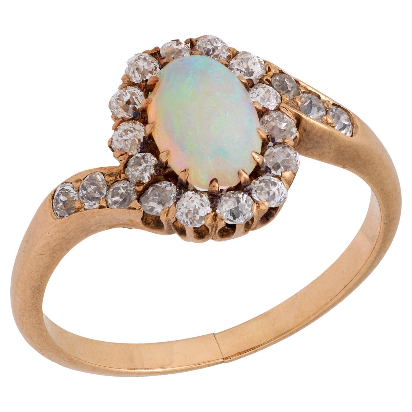 Victorian opal diamond 14k yellow gold swirl ring