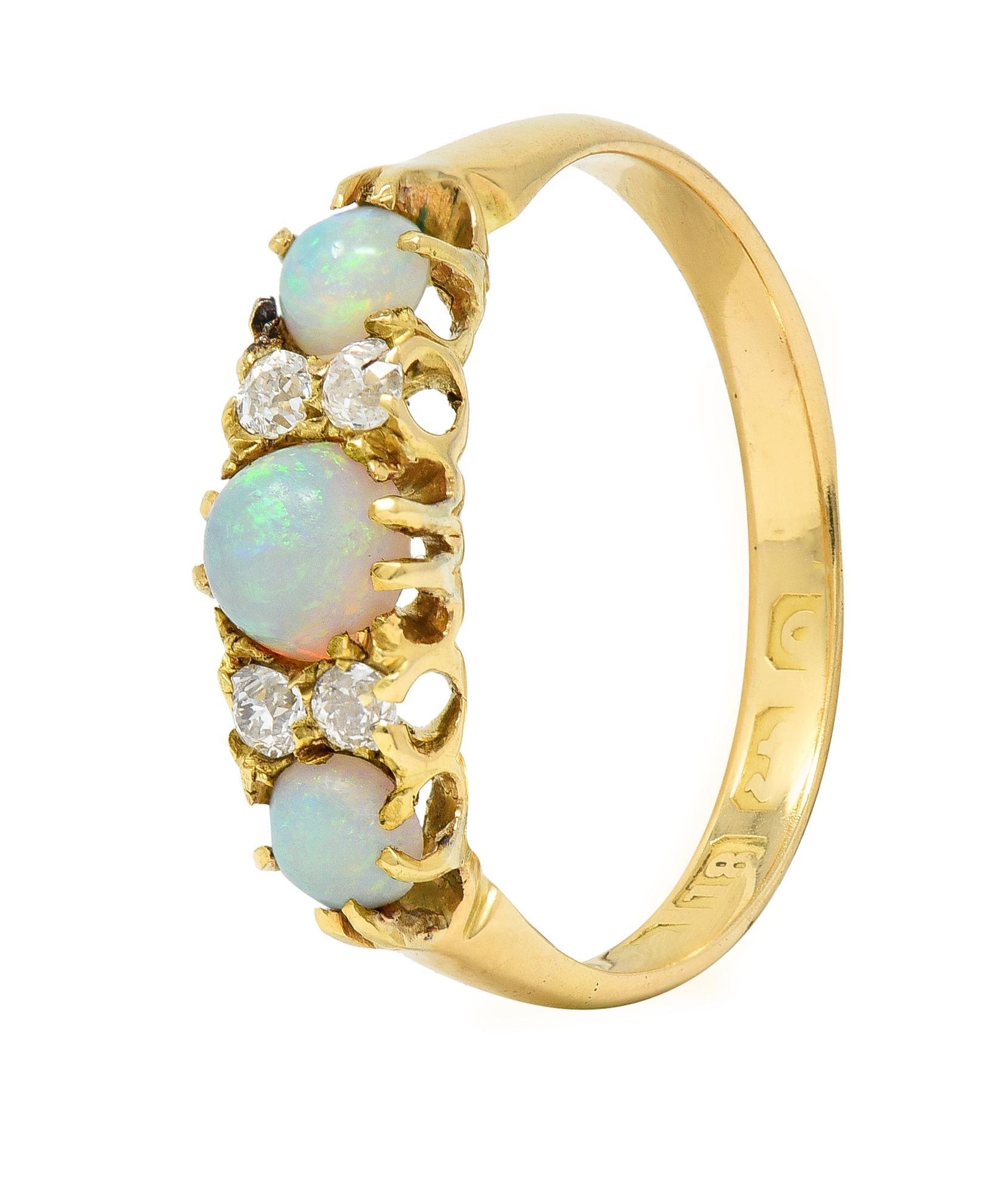 Victorian Opal Diamond 18 Karat Yellow Gold Antique Band Ring For Sale 1