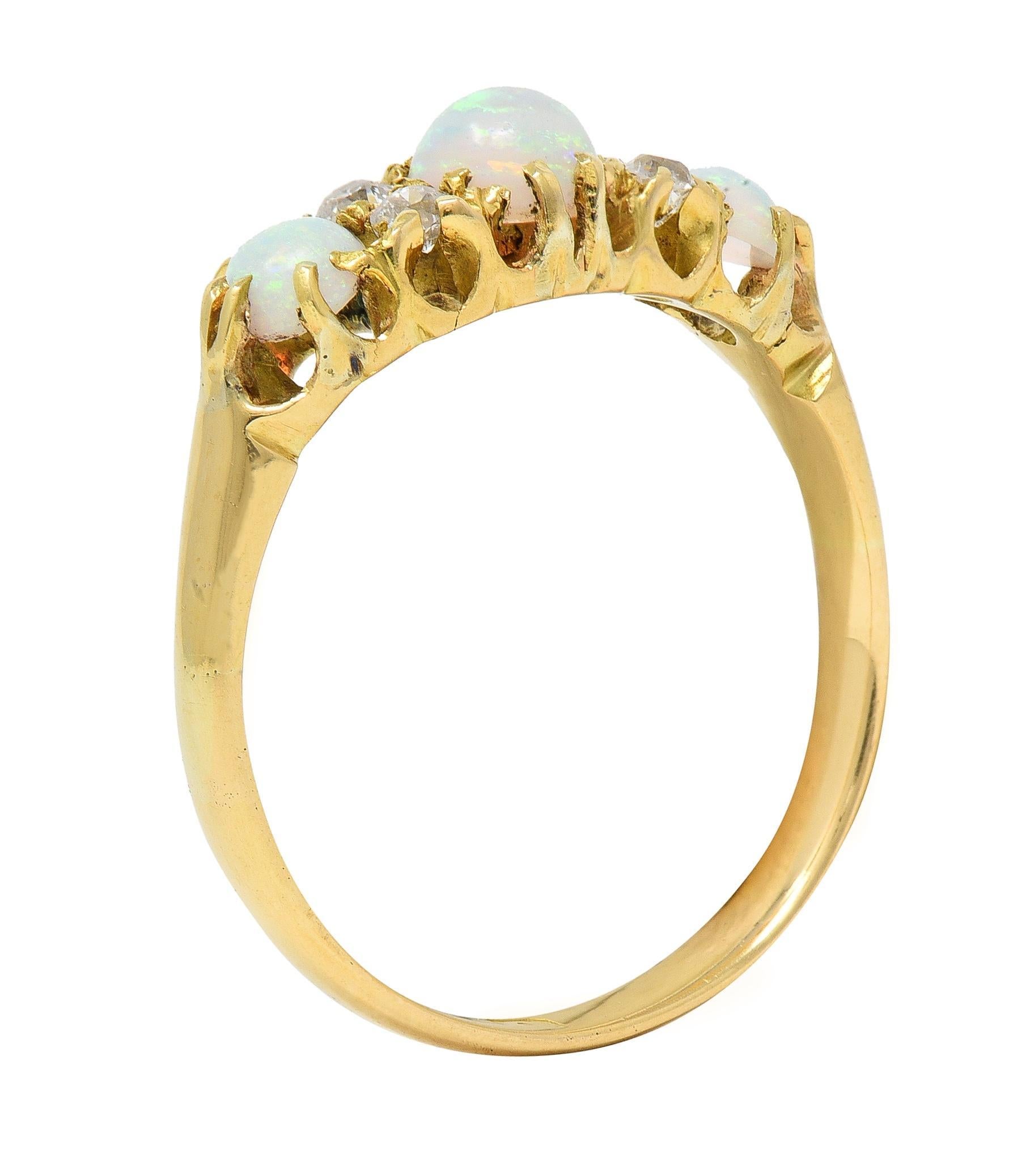 Victorian Opal Diamond 18 Karat Yellow Gold Antique Band Ring For Sale 3
