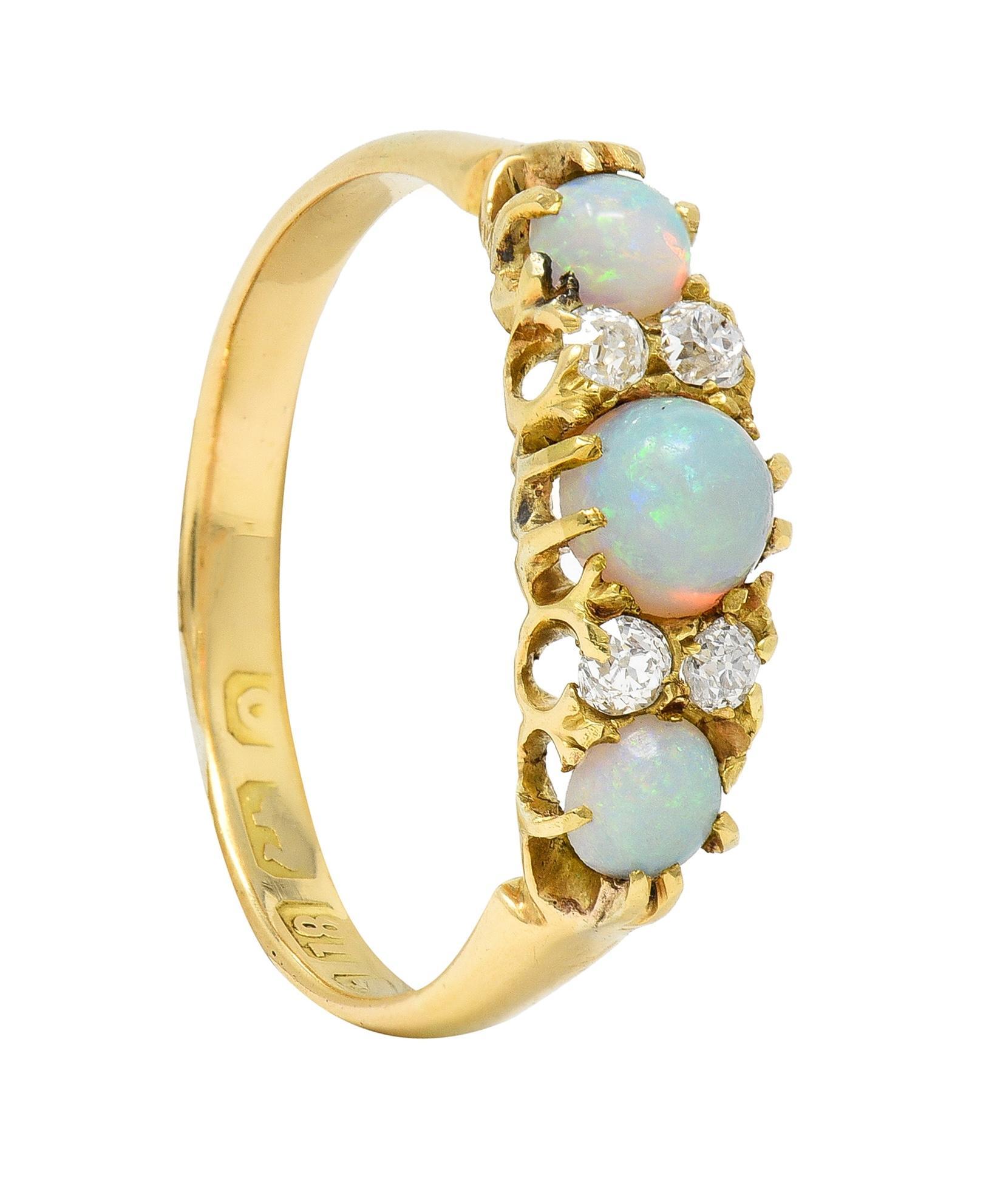 Victorian Opal Diamond 18 Karat Yellow Gold Antique Band Ring For Sale 4