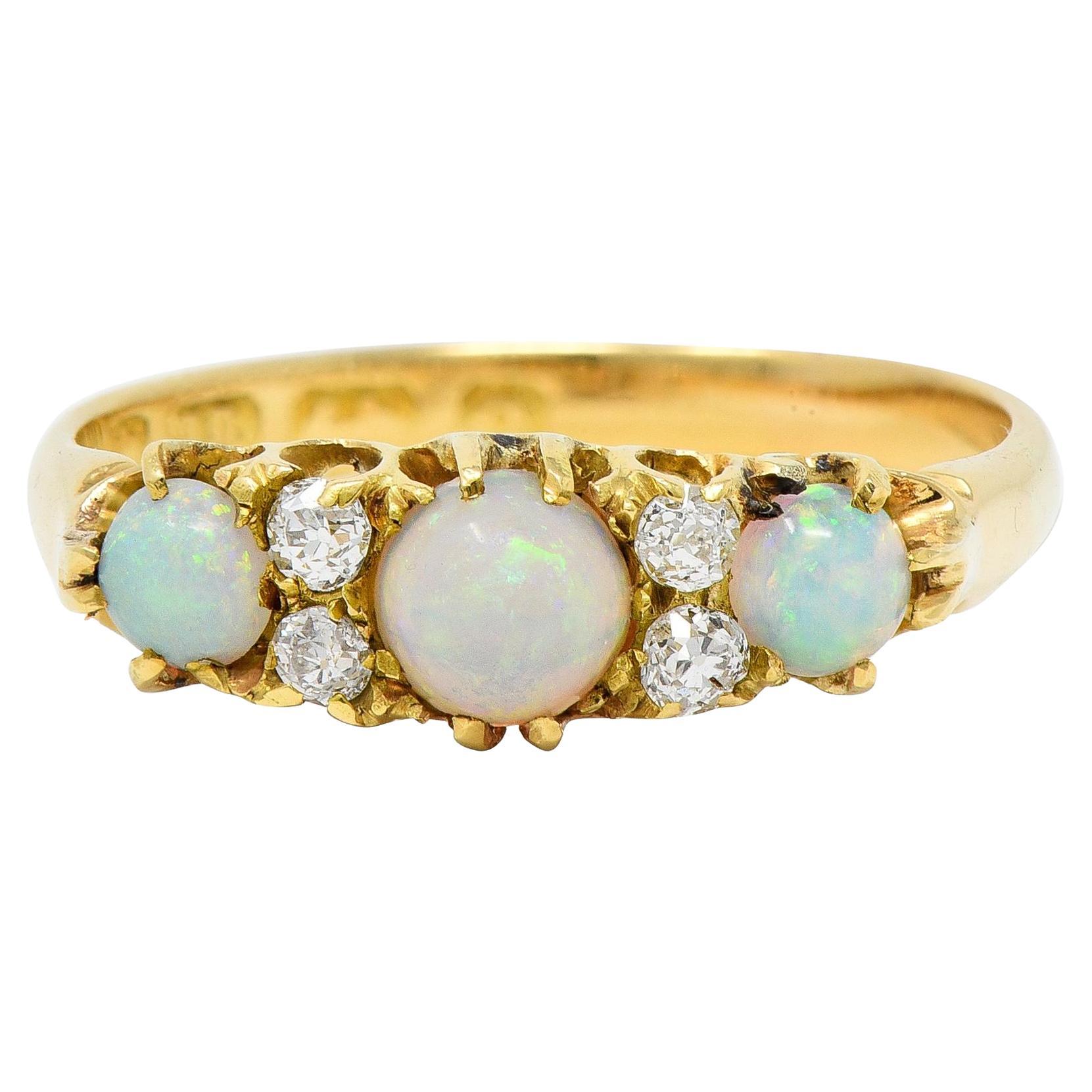 Victorian Opal Diamond 18 Karat Yellow Gold Antique Band Ring For Sale