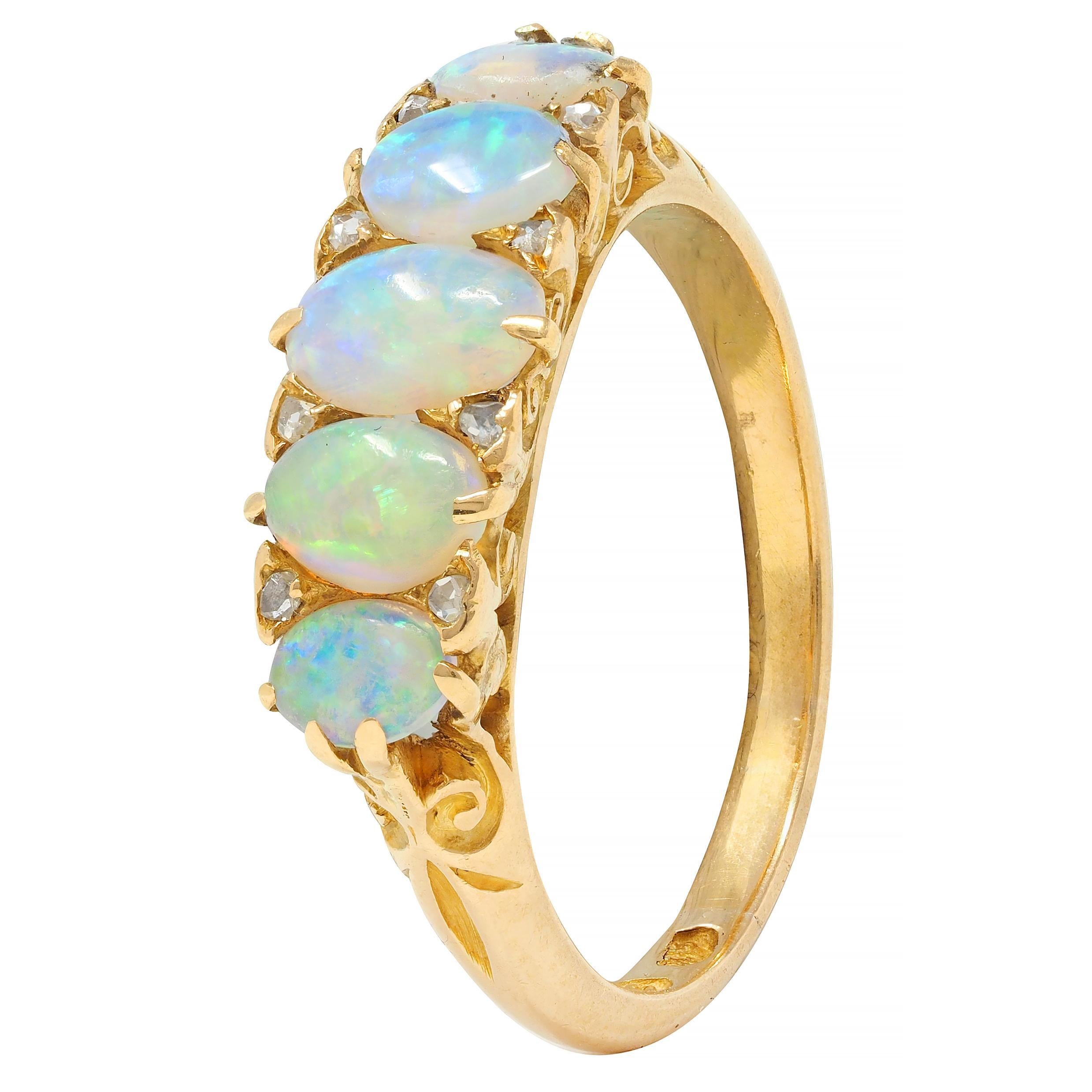 Victorian Opal Diamond 18 Karat Yellow Gold Antique Five Stone Band Ring 5